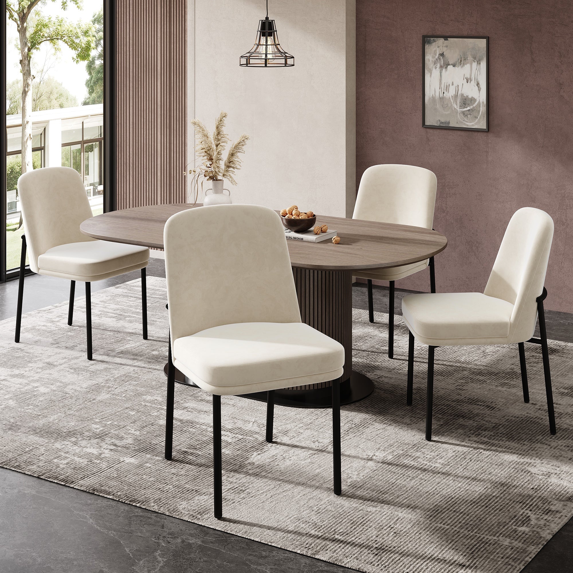 Dining Chairs Set of 2 Thickened Cushion Black Metal Legs Modern Minimalist - Velvet Beige