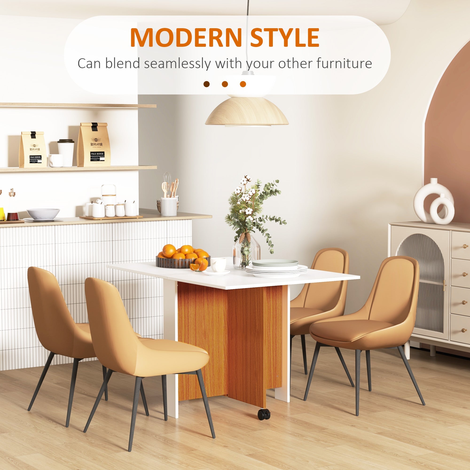 Folding Dining Table Writing Desk Workstation with Casters, Teak/White