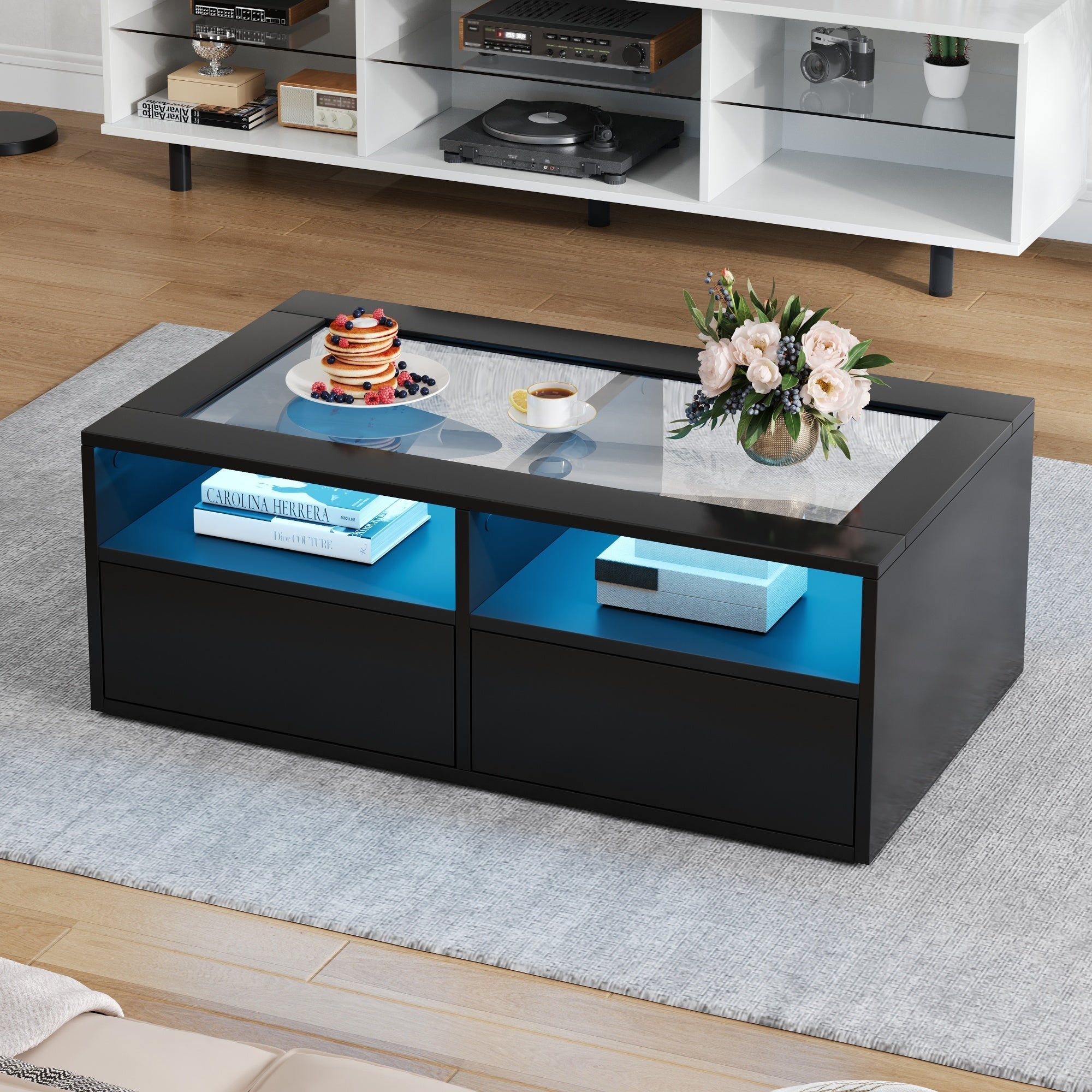 Coffee Table 100x50x35cm LED Light 2 Drawers Glass Storage Black