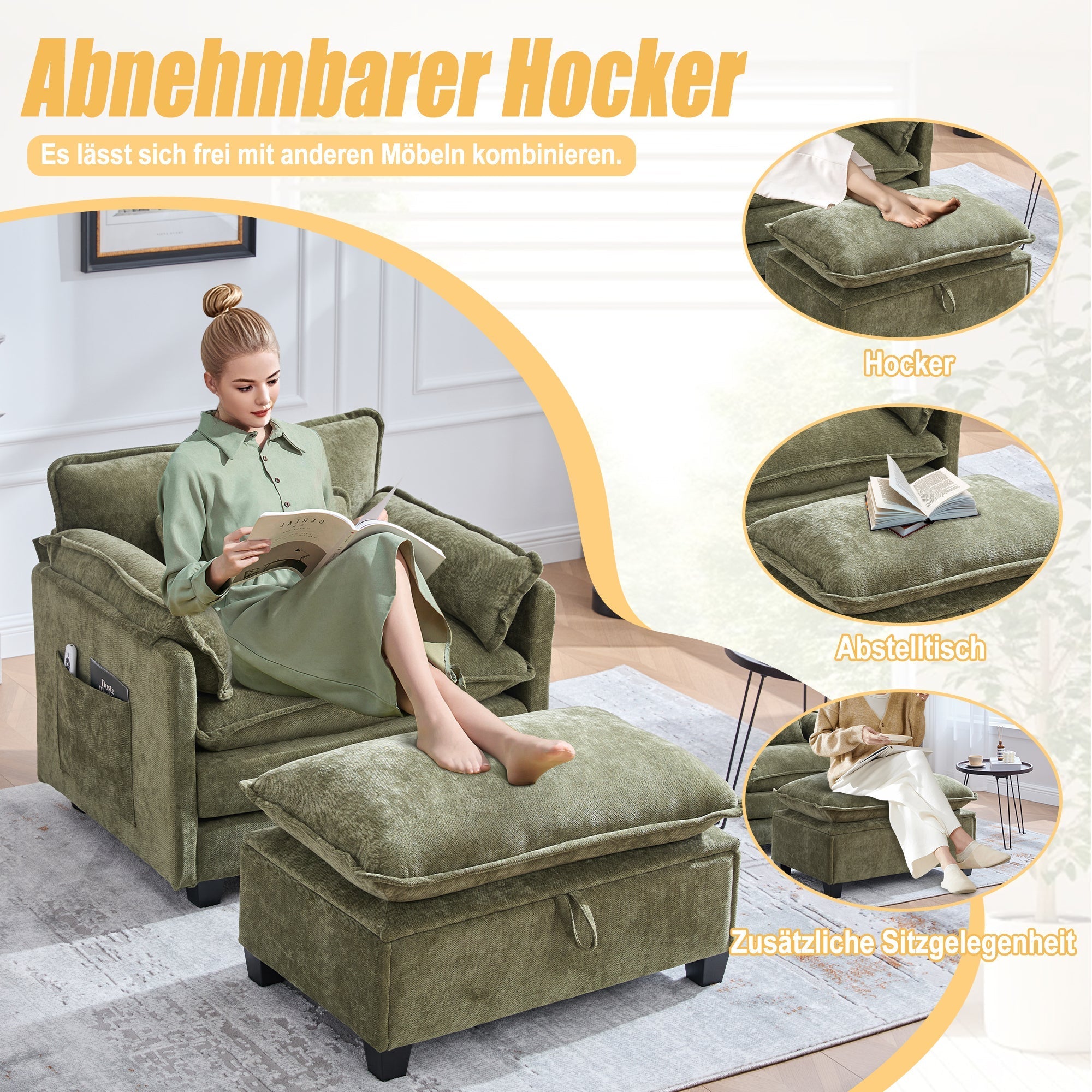 Armchair, Oversized with Footrest, Stool, Side Pockets, Cushions - Velvet