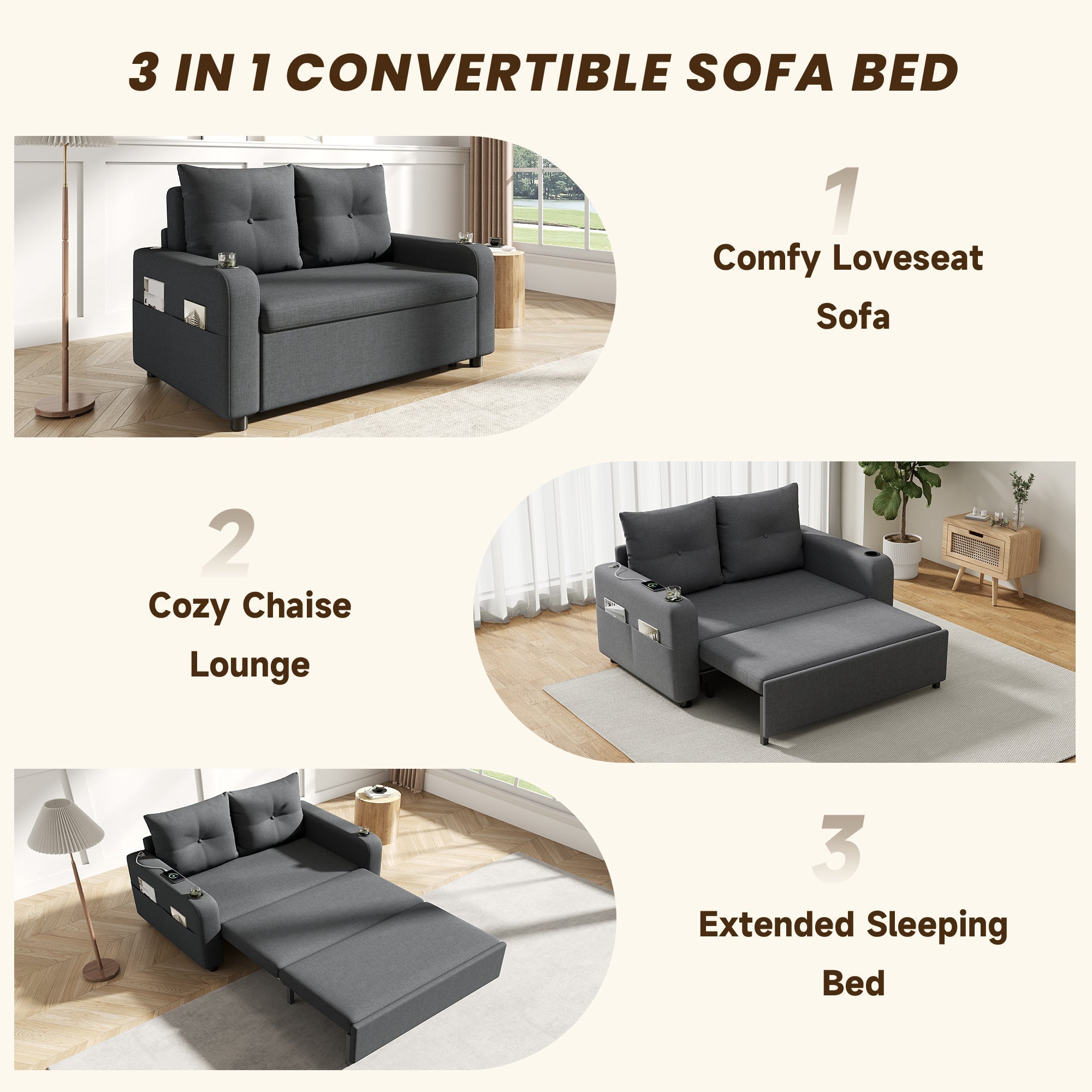 3-in-1 Sleeper Sofa with Pull-Out Bed, Cup Holder, USB Port and Side Pockets, Grey