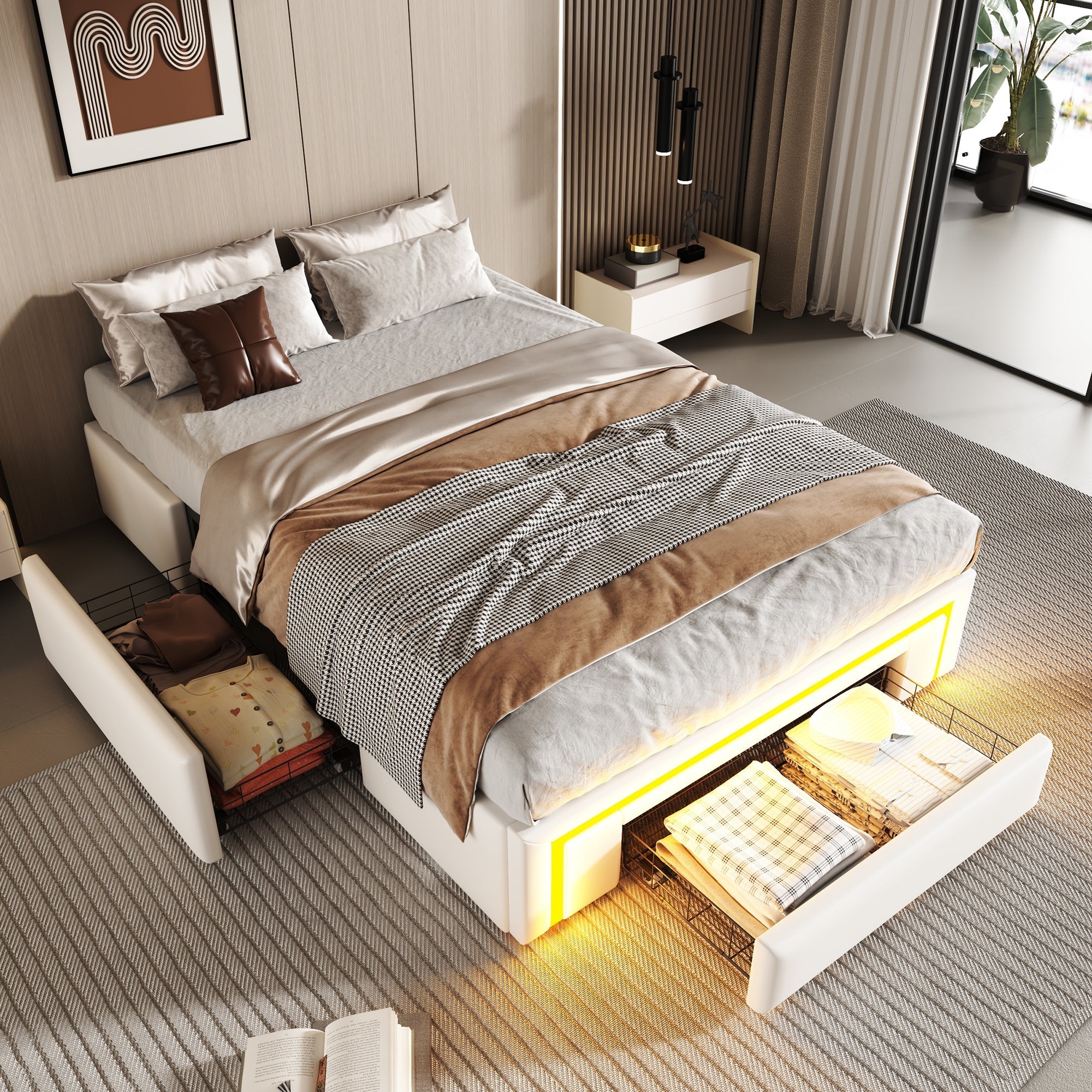 Bed Frame 90x200cm Platform LED Drawers Metal Slats - White PU Leather