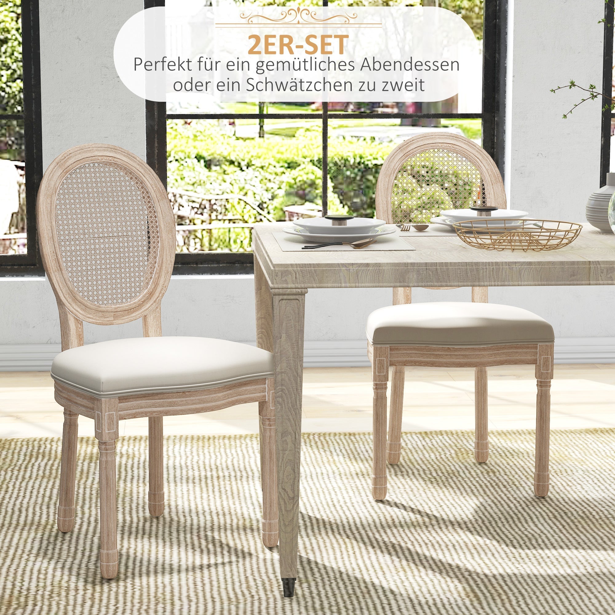 Dining Chairs, Set of 2 Kitchen Backrest Wooden Legs, Linen Rattan Look Cream White
