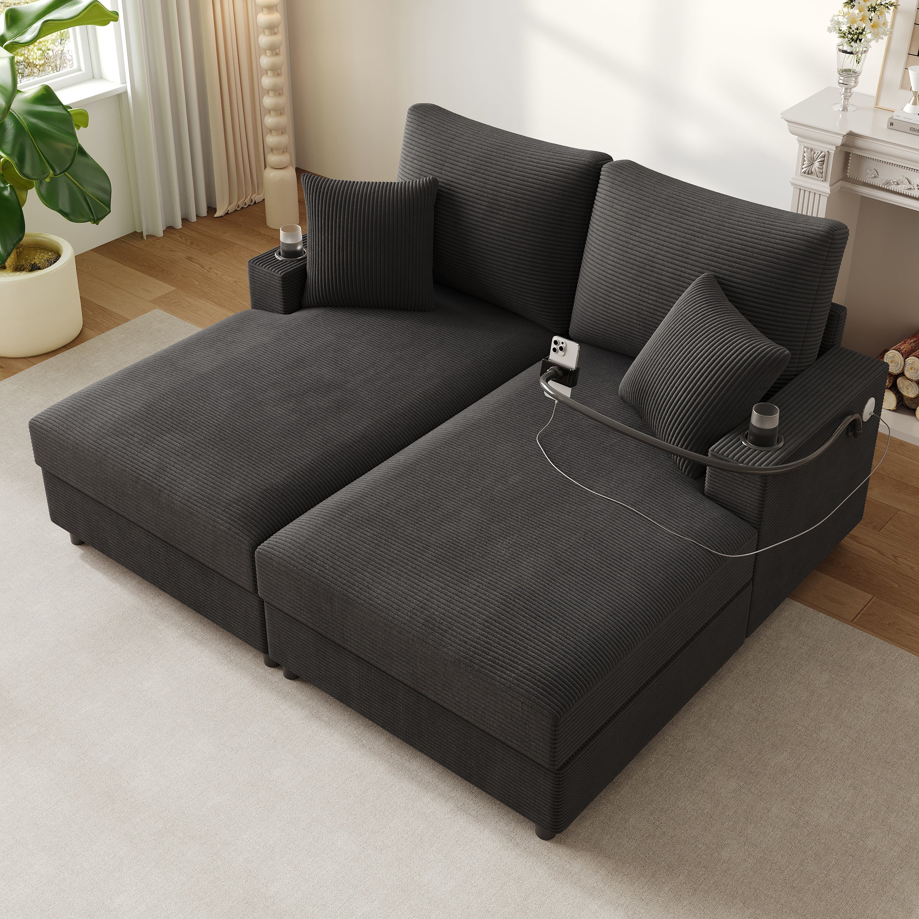 Double Sofa Bed with Mobile Holder, USB Port, and Cup Holder, Gray