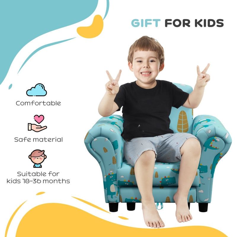 2 Piece Kids Sofa Set, Dinosaur Design Wooden Frame, Blue