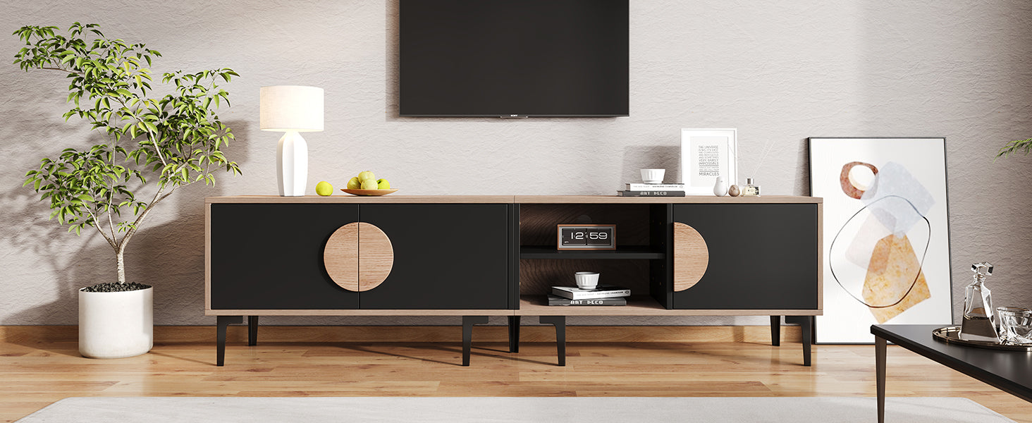 TV Cabinet Lowboard 180cm 2 Cabinets Open Shelves for 80 Inch TV - Wood/Black