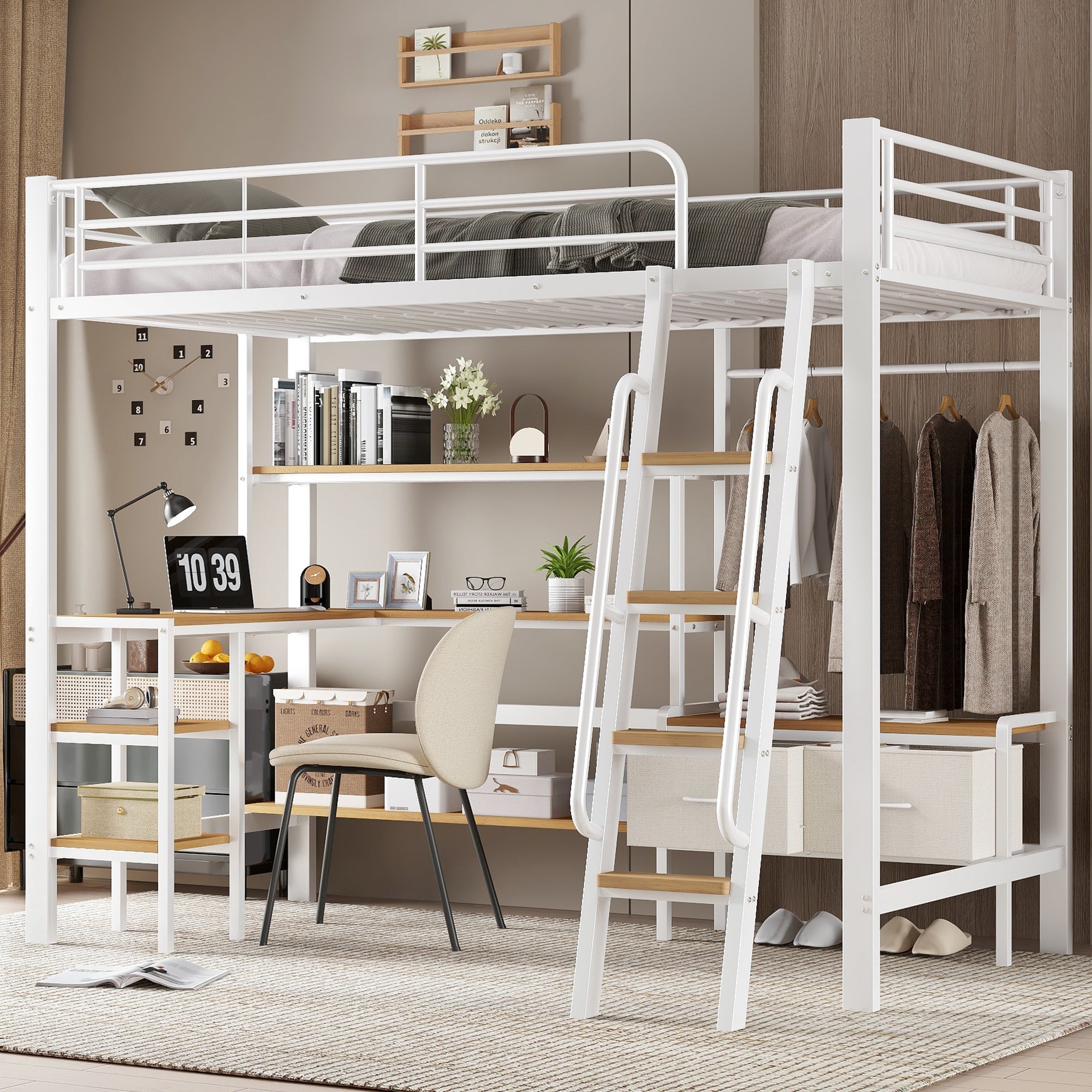 Loft Bed with Desk, Storage, Slanted Staircase, 90x200cm, Iron/MDF White/Natural