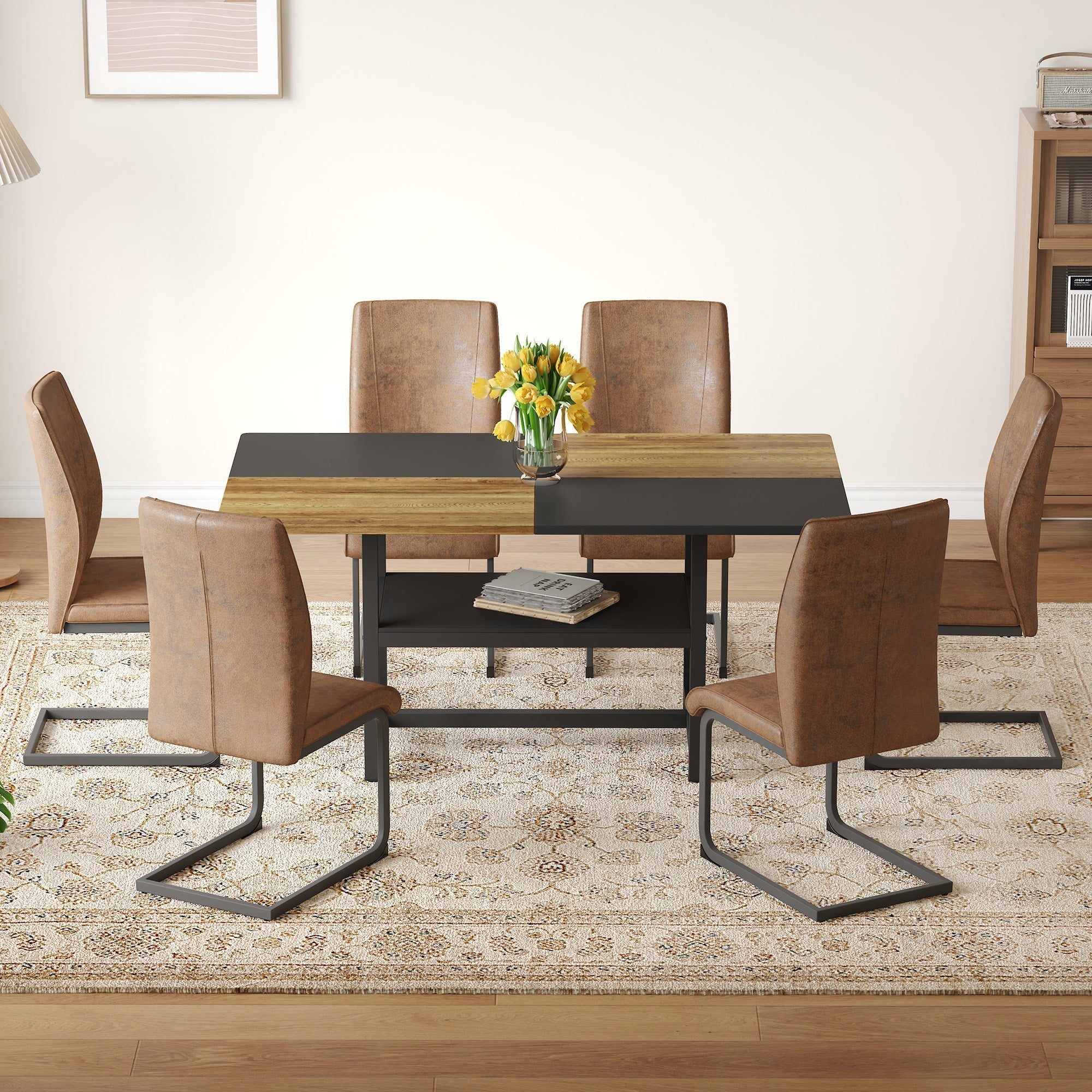 Table Set Rectangular Dining Table with Shelf & 6 Armchairs 160x90x76cm - Brown Tech Fabric