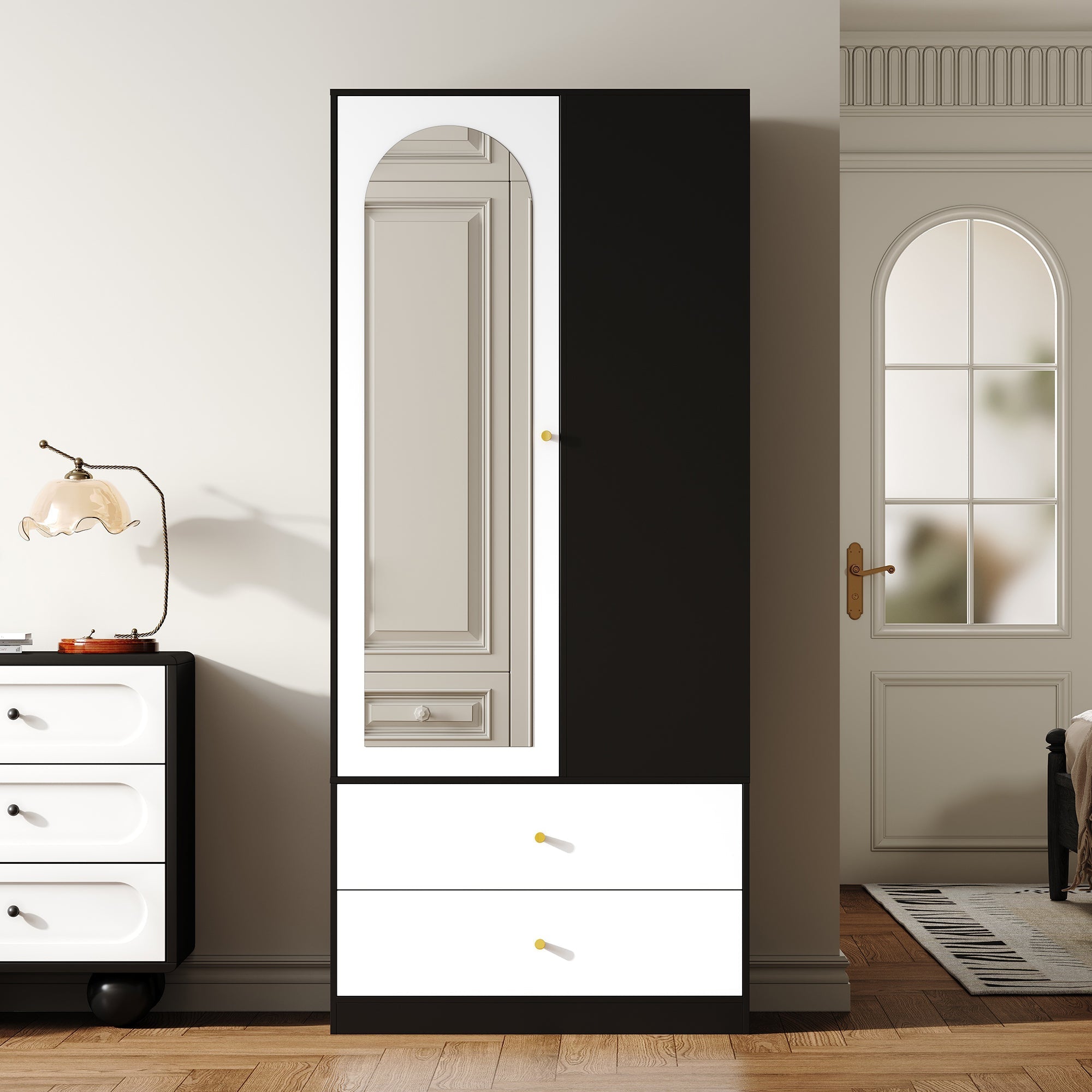 Wardrobe with Mirror 2 Drawers 4 Shelves Bedroom Storage 80x40x180cm White and Black