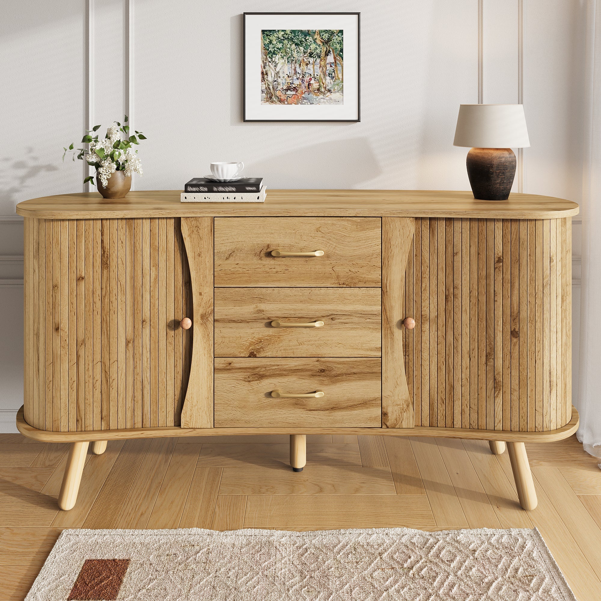 Scandinavian Pea-Shaped Sideboard with 2 Sliding Doors and 3 Drawers, Wood Look MDF