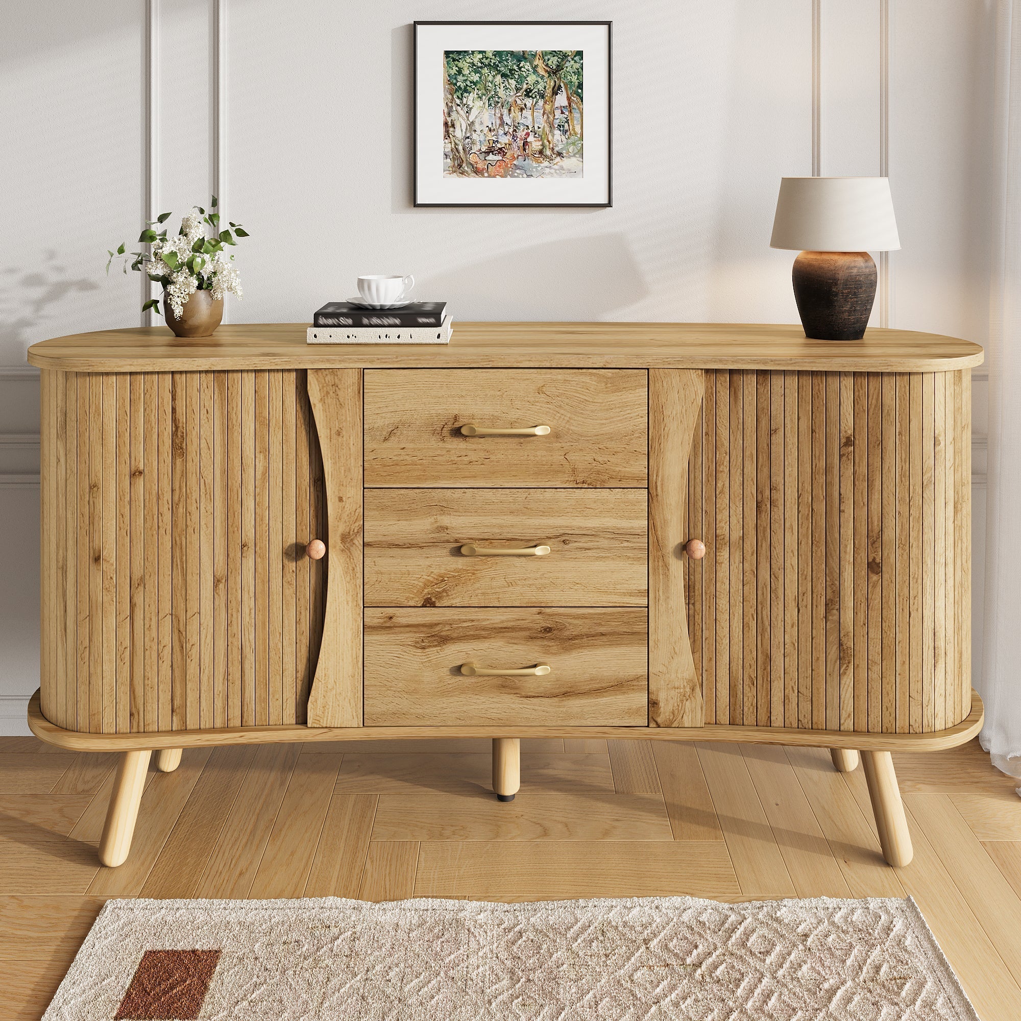 Scandinavian Pea-Shaped Sideboard with 2 Sliding Doors and 3 Drawers, Wood Look MDF