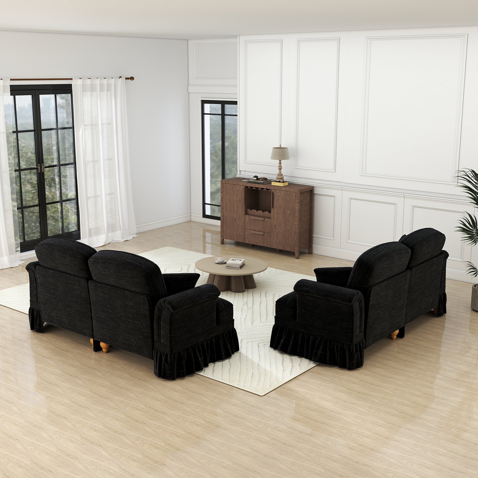 Mid-Century L-Shaped 2-Seater Sofa with Movable Ottoman - Black Chenille