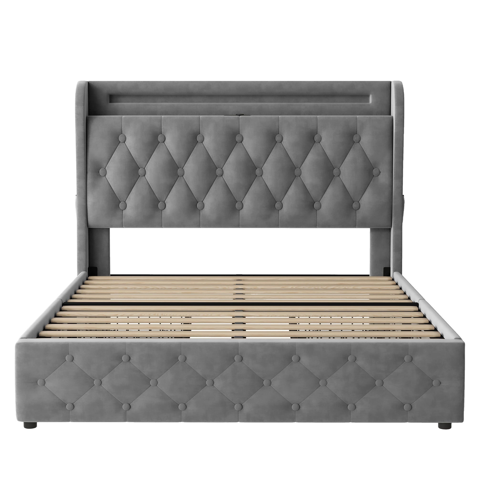 Upholstered Bed 140x190cm LED USB Storage Headboard 4 Drawers - Velvet