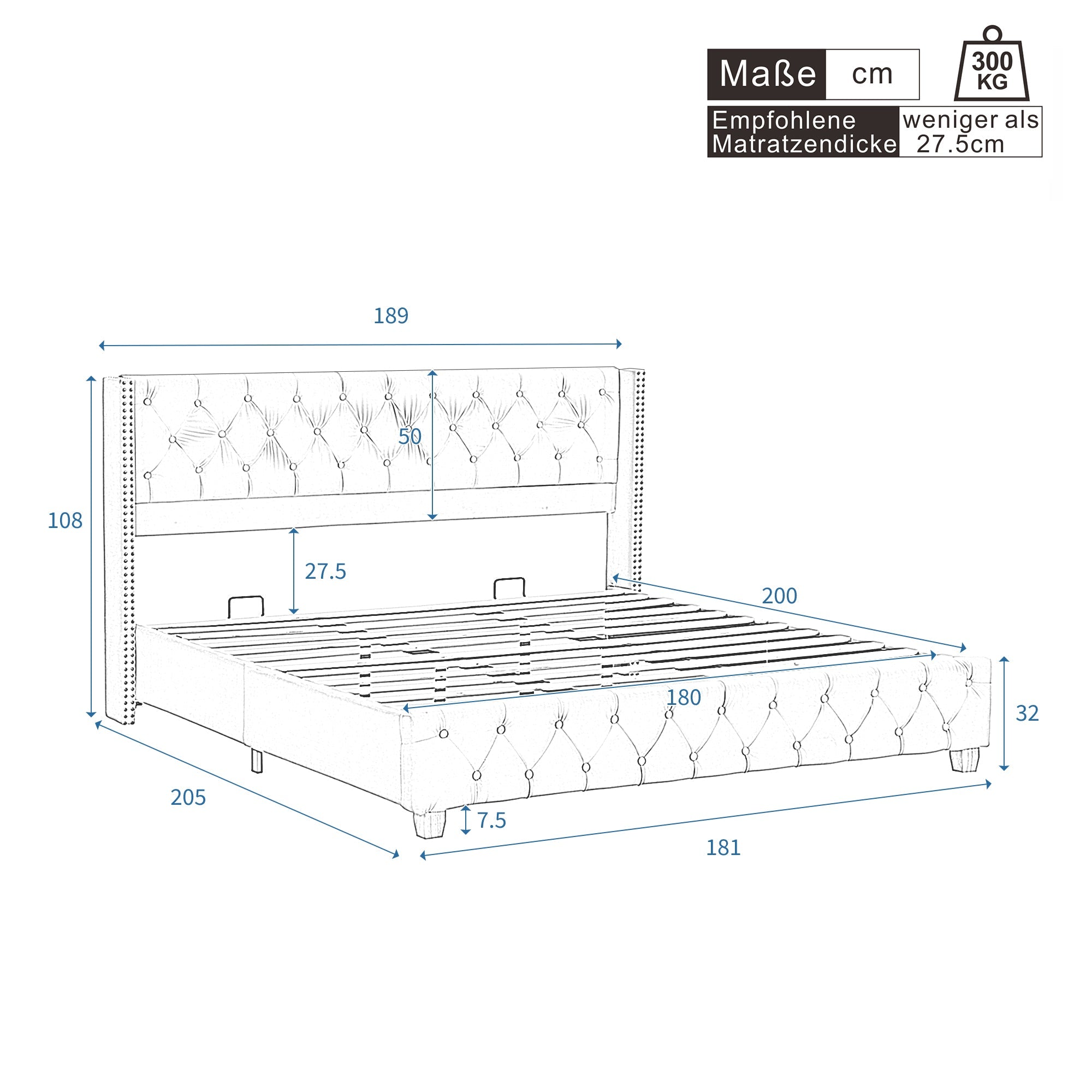 Upholstered Bed 180x200cm Slatted Frame Headboard Button Studded Wooden Legs Velvet Grey