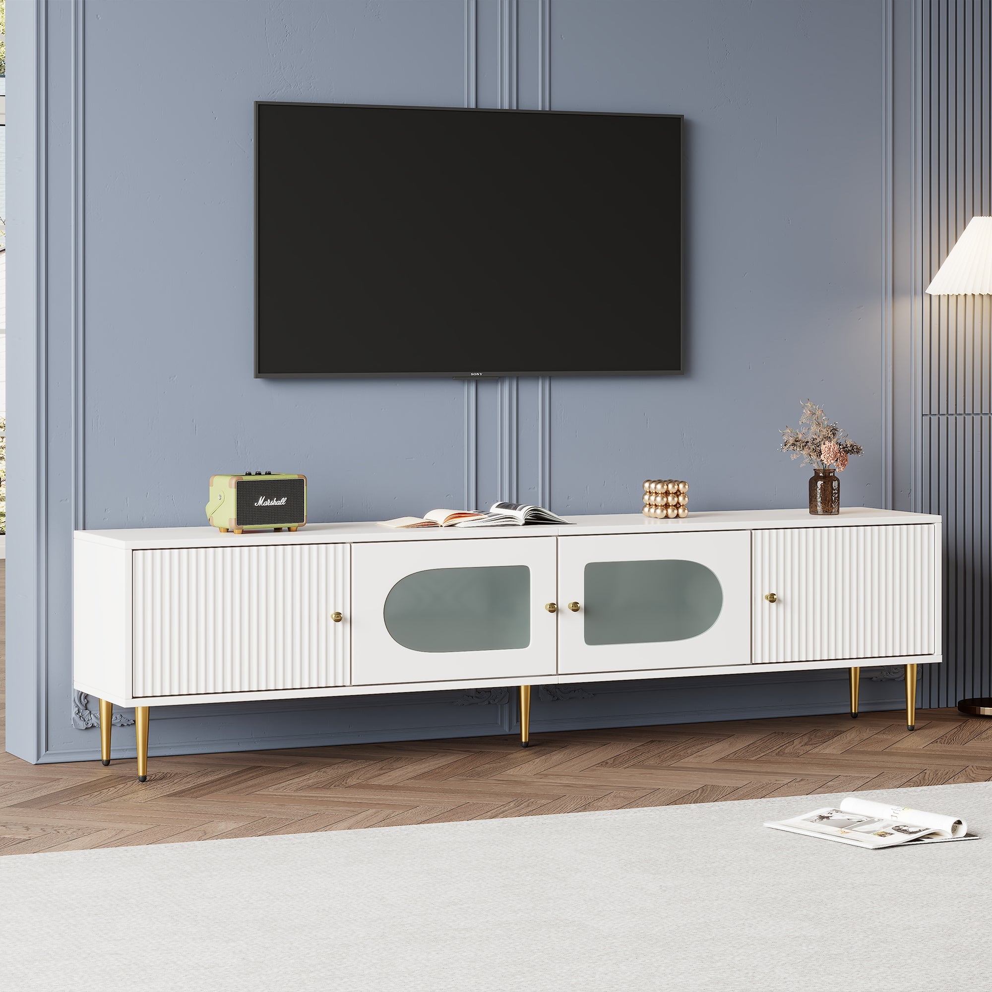 TV Cabinet 170x35x50cm, Golden Legs & Handles, Curved Glass, White