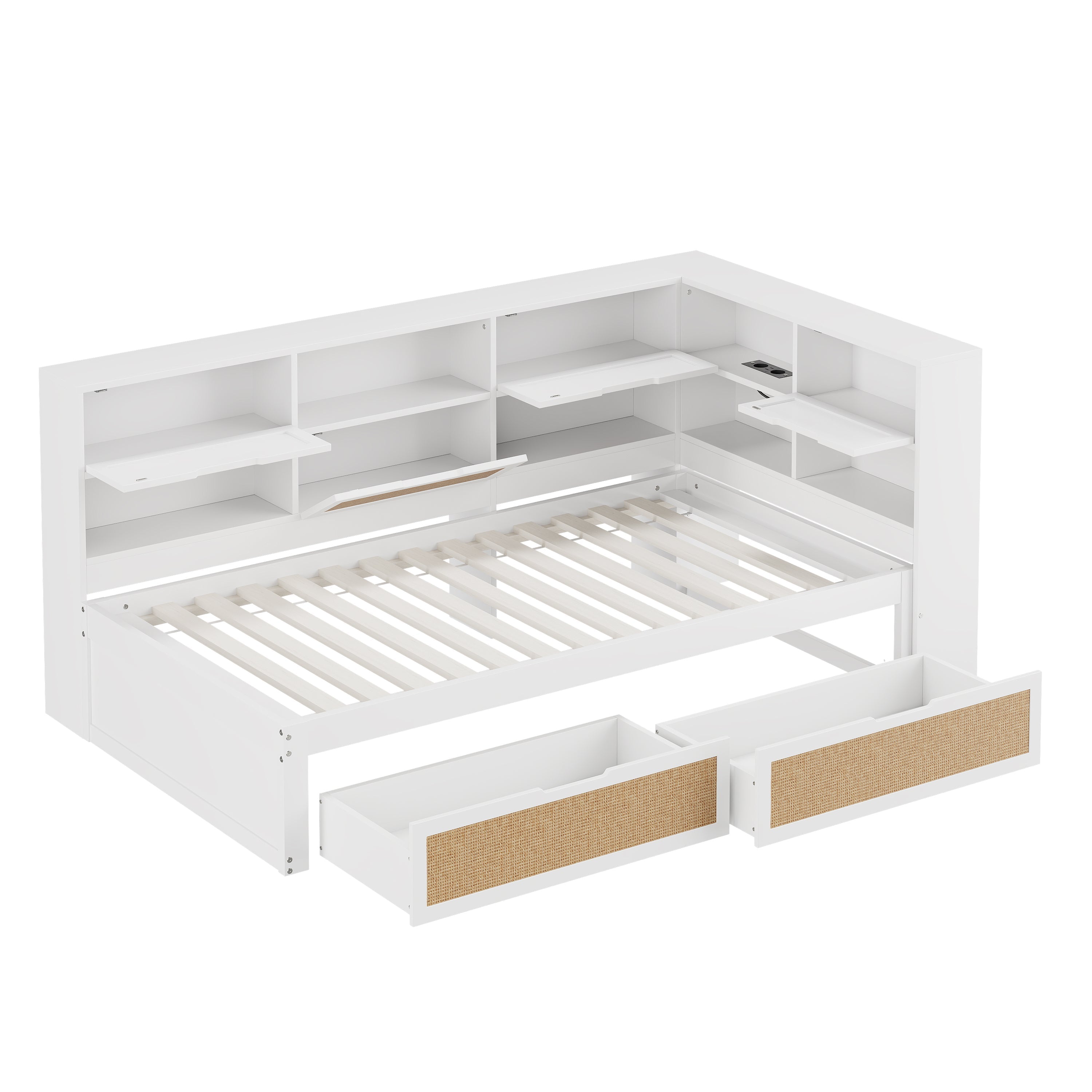 Sofa Bed, 90x200cm Multifunctional Single Bed with Drawer & Charging Port, White Solid Wood