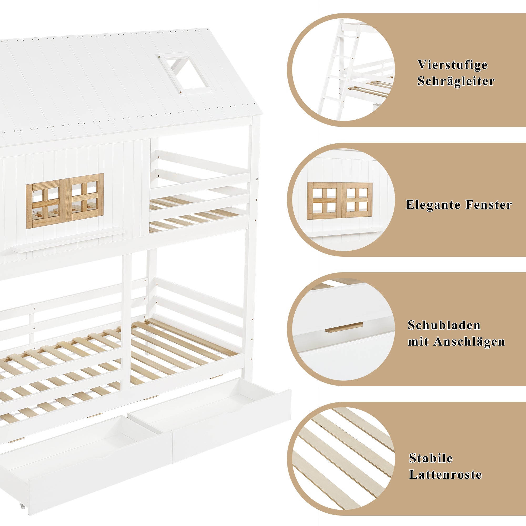 Bunk Bed 90x200cm House Design 2 Drawers Ladder - White/Natural