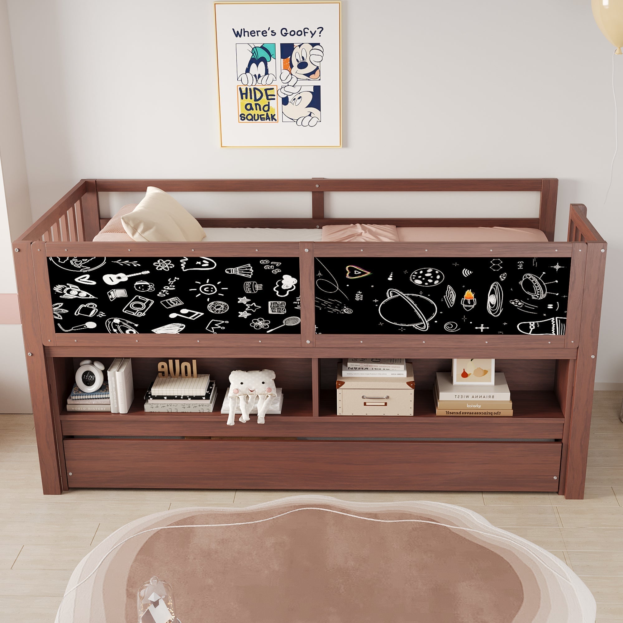 Extendable House Bed 90x200cm with Chalkboard, Storage & Climbing Ladder - Solid Wood Brown