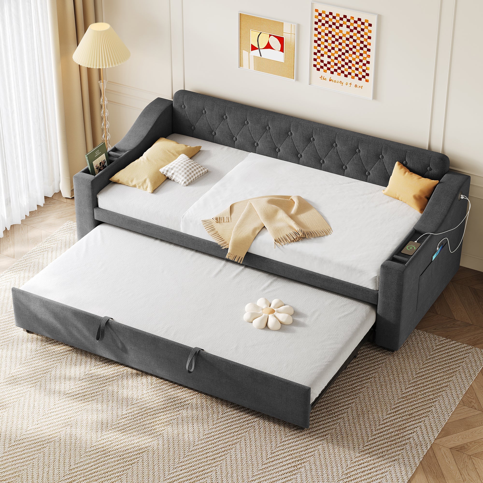 Upholstered Daybed Sofa with Trundle, Charging Station and Armrest Storage, Linen Grey