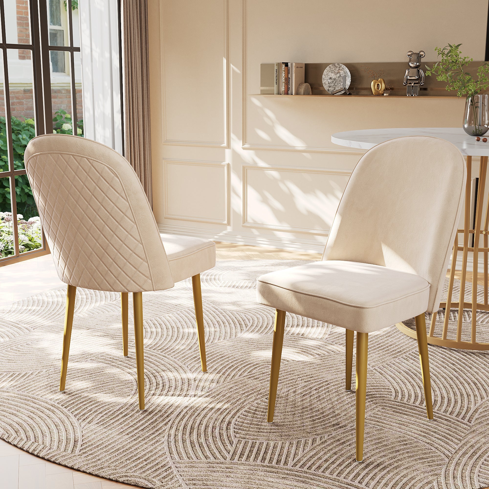 2 Dining Chairs Modern Comfortable Gold Metal Legs Beige Velvet