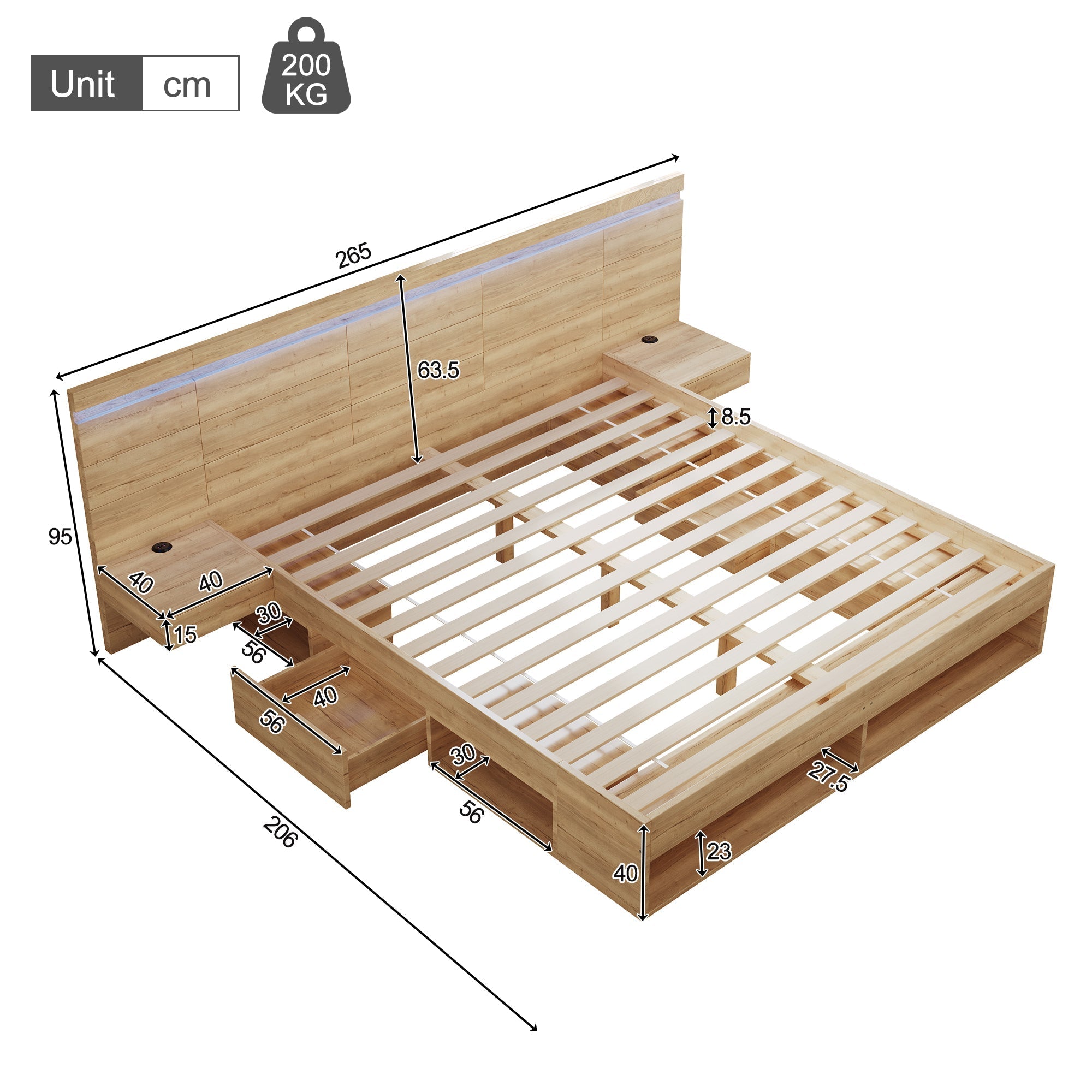 Double Bed 180x200cm Storage with LED, USB/Type-C, 2 Drawers & Bedside Tables Natural Wood