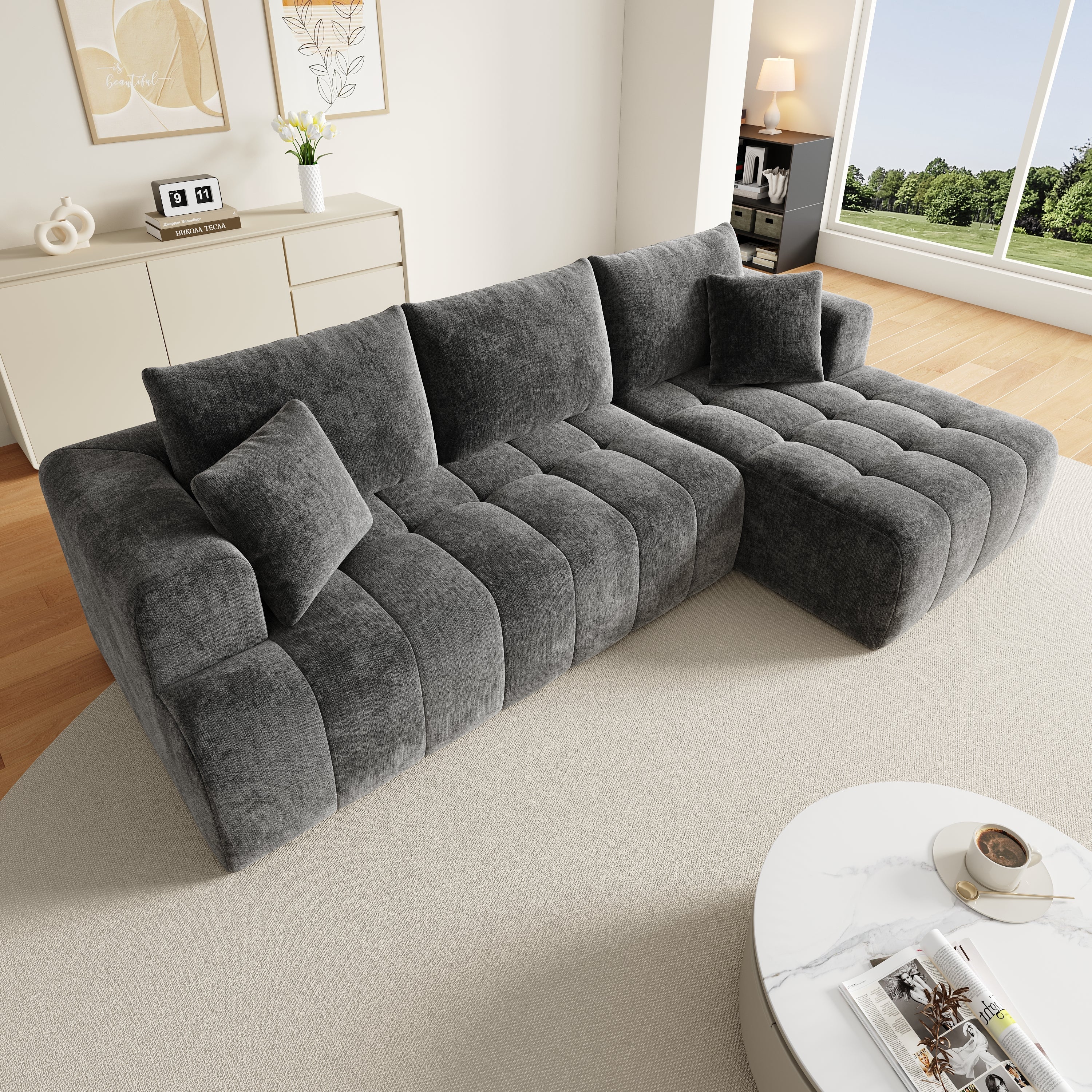 Modular L-shaped Corner Cloud Sofa, Frameless Low-Profile Design, Gray Chenille Fabric