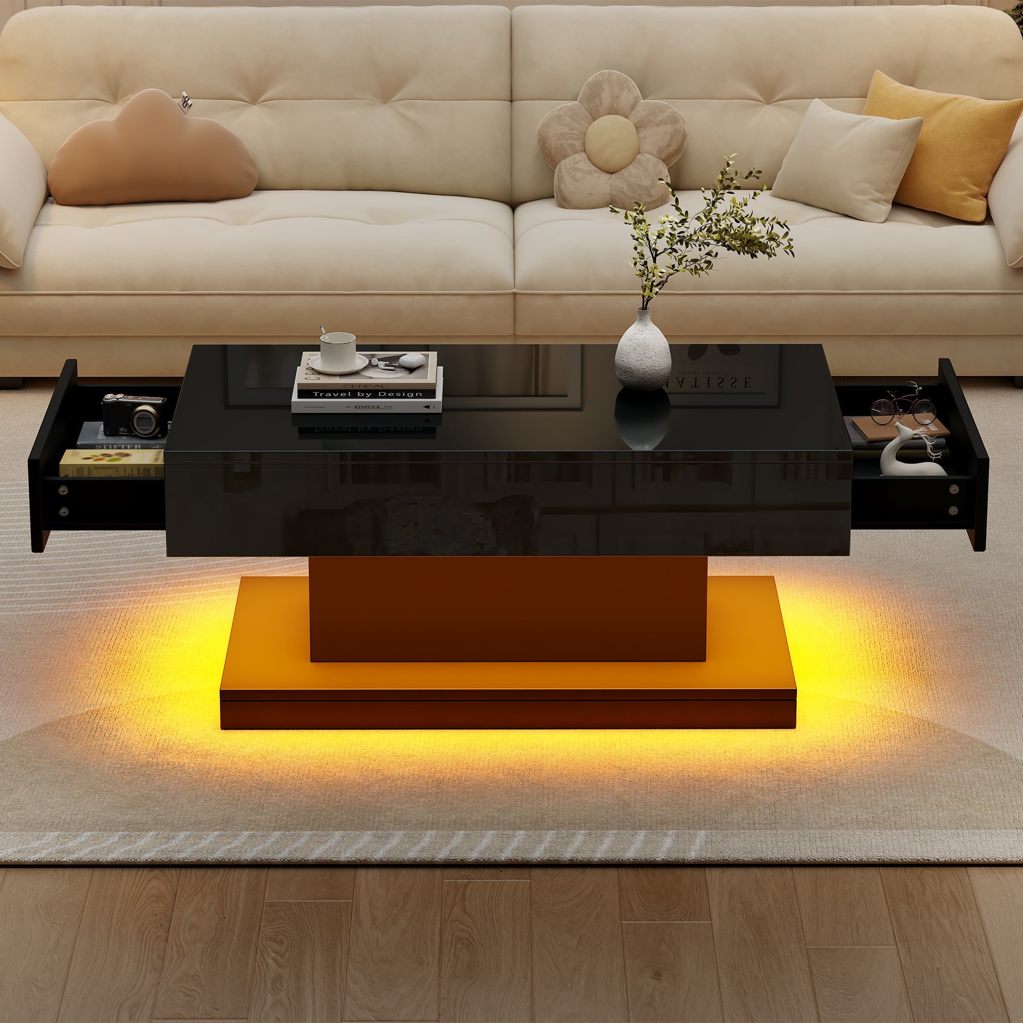 Coffee Table 100x50x45cm, 2 Drawers, LED Light, High-Gloss Black