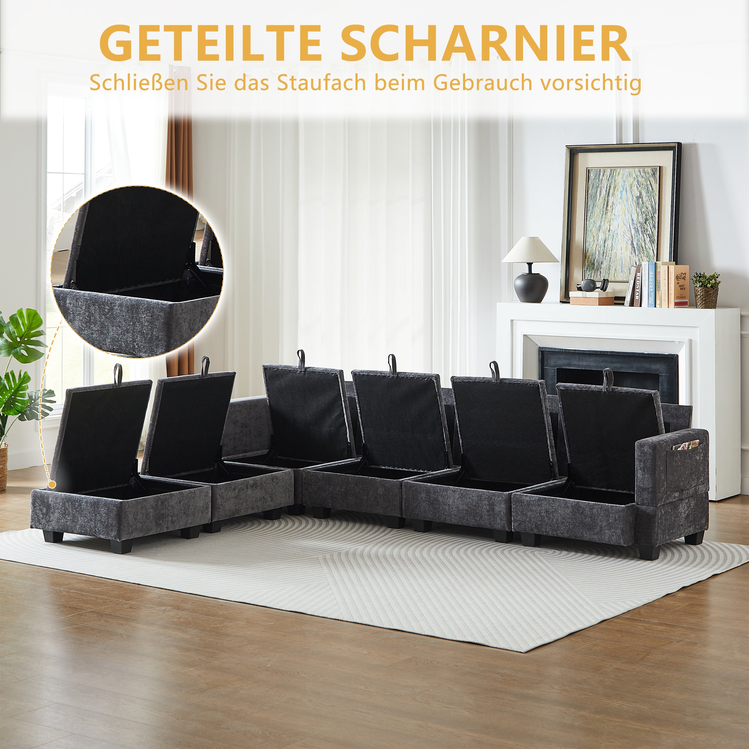 Modular Sofa U-Shaped 6-Seater Chaise Longue Storage Ottoman Chenille