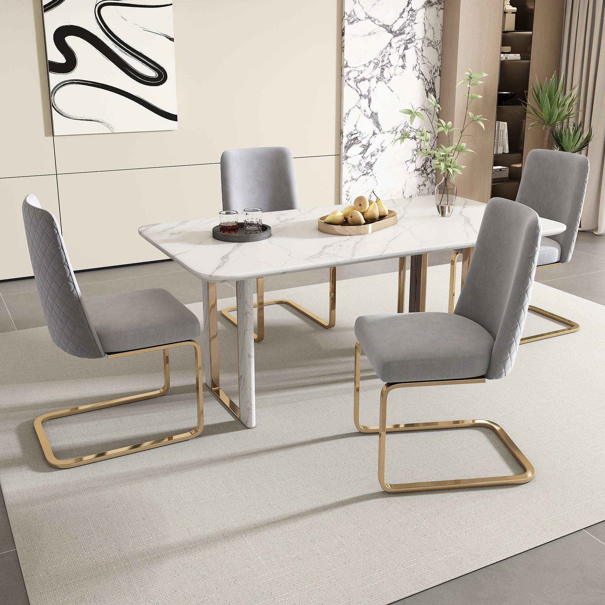 Velvet Dining Chair Set of 4, Diamond Back Design with Gold Metal Legs, Grey
