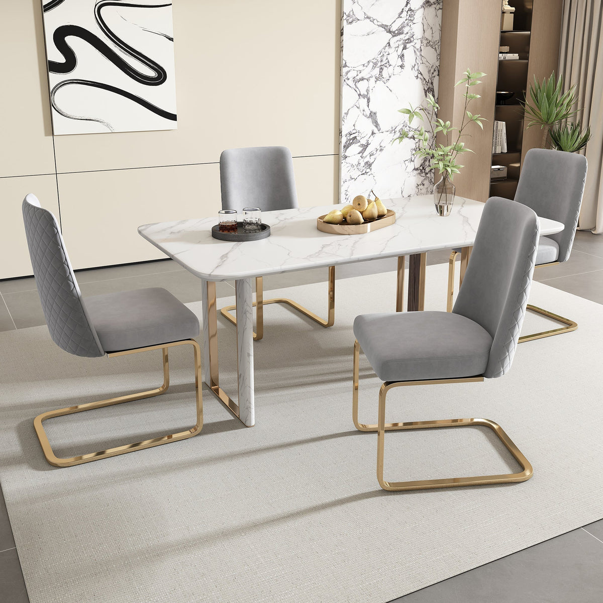 Velvet Dining Chair Set of 2 Diamond Back Gold Metal Legs - Grey