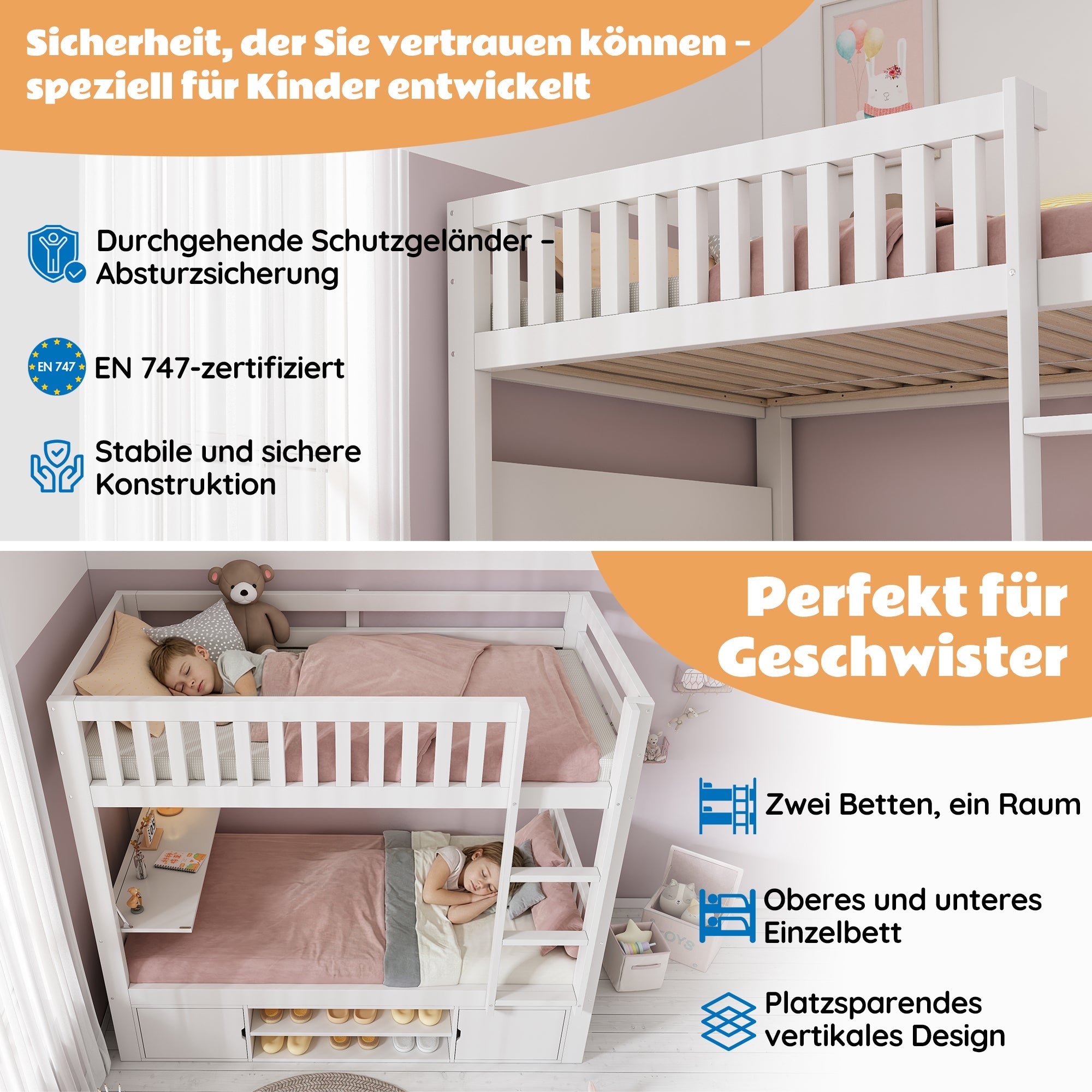 Children's Loft Bed 90x200cm with Fold-down Tabletop and Integrated Shoe Rack, White
