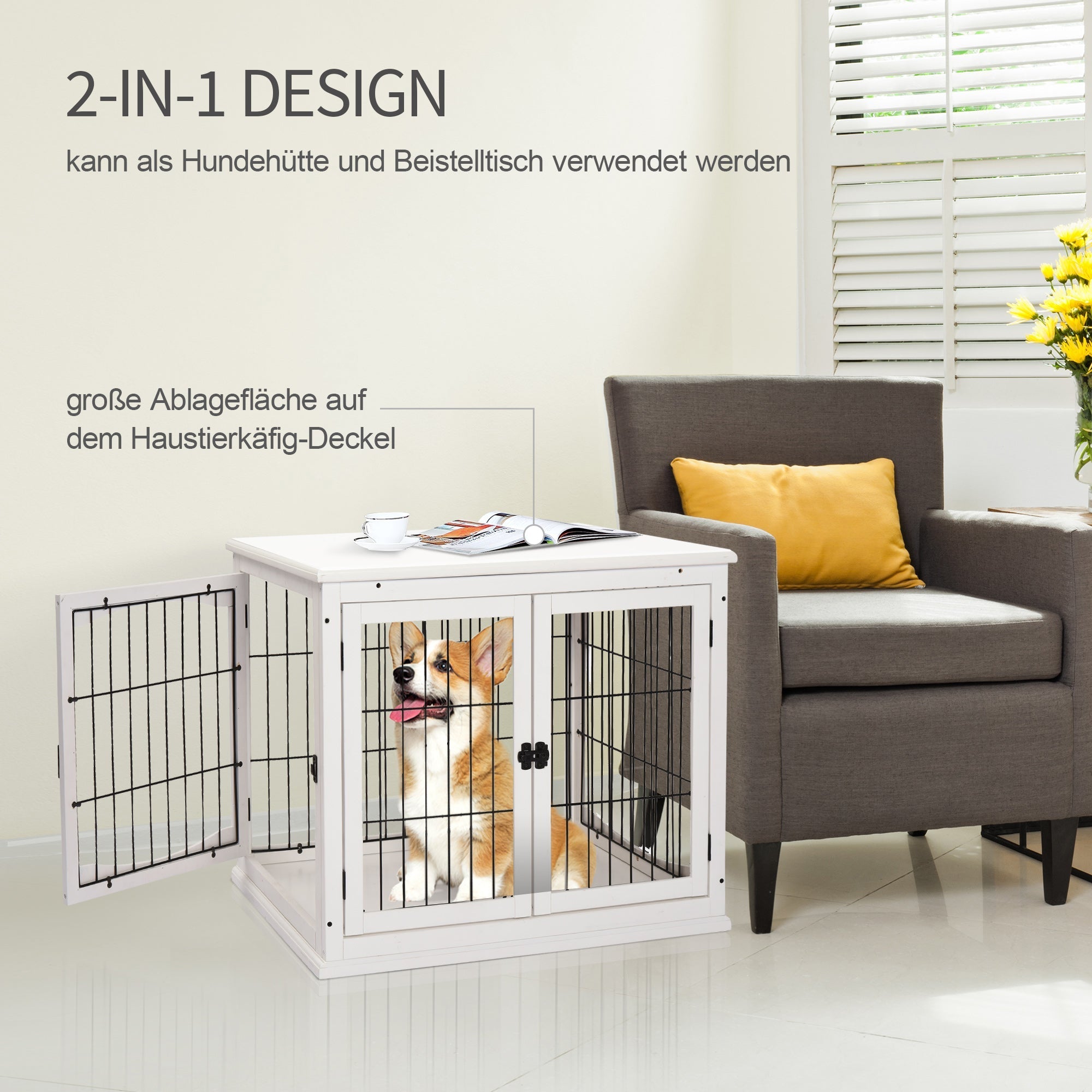Dog House, Transport Box Small Animal Cage, MDF & Metal in White