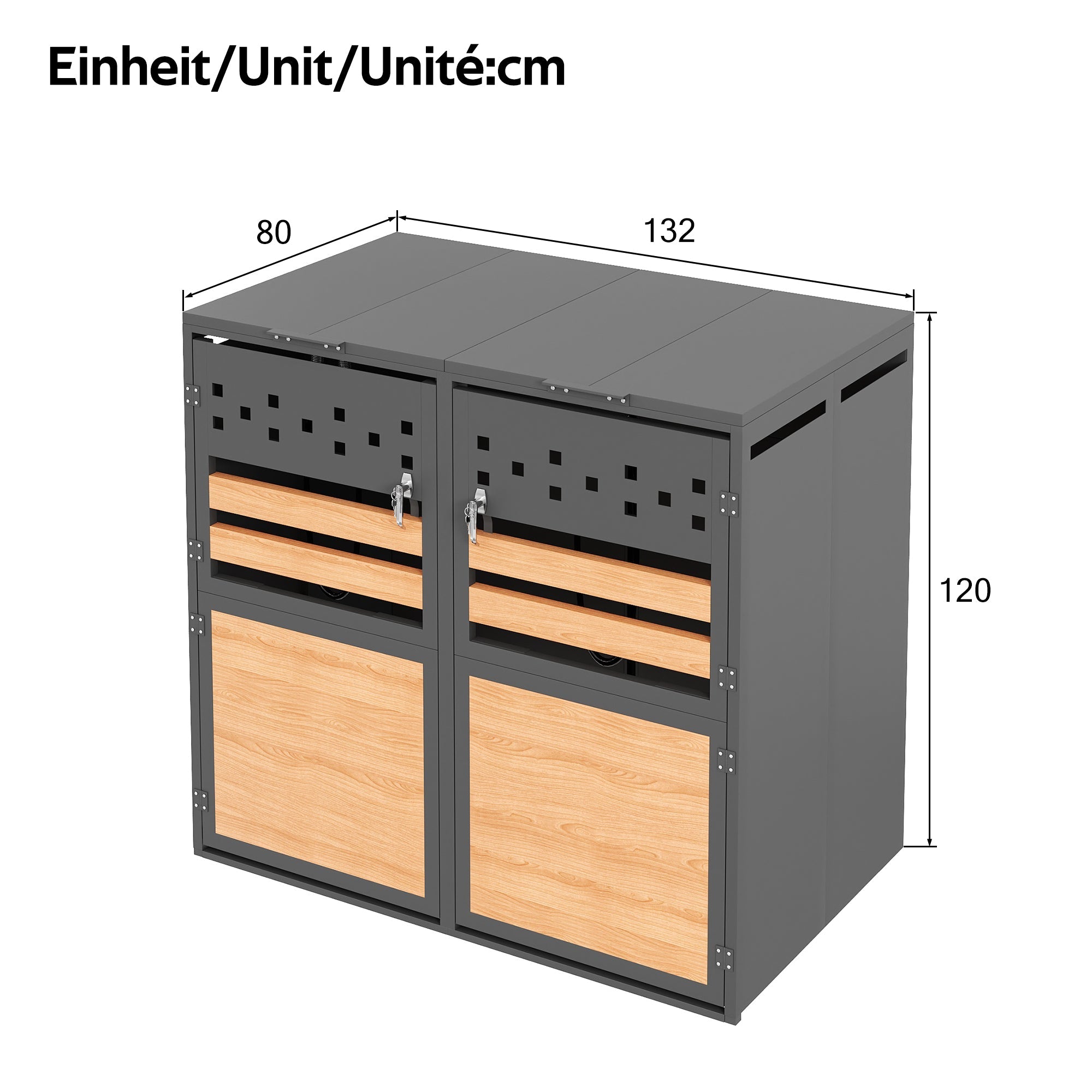 Bin Storage Box with Hinged Lid, Lockable Two Doors and Diamond Cutouts, Wood Grain Panels