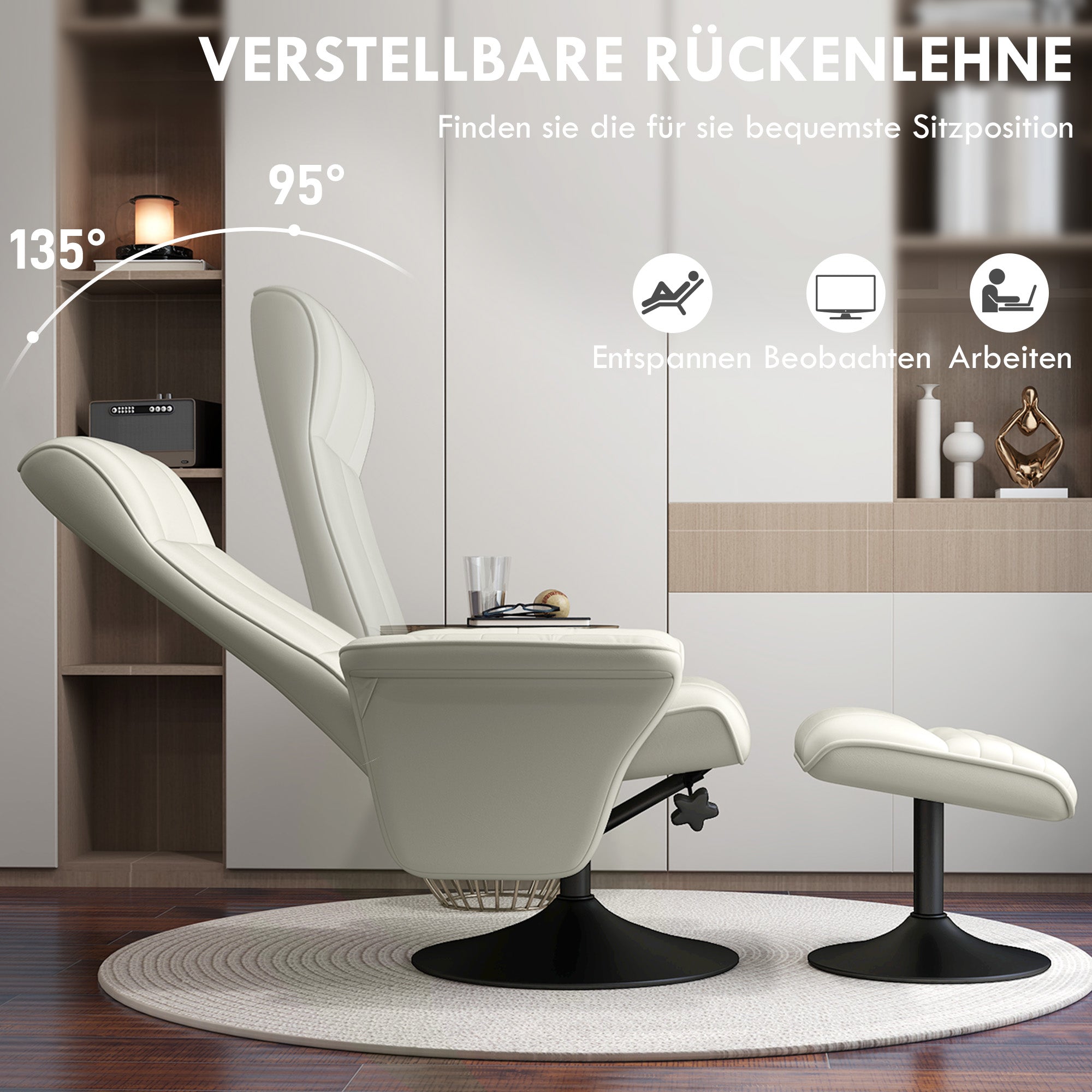 Reclining Armchair with Footstool, Swivel Lounge TV Chair, 150kg Capacity, Microfiber Fabric, Cream White