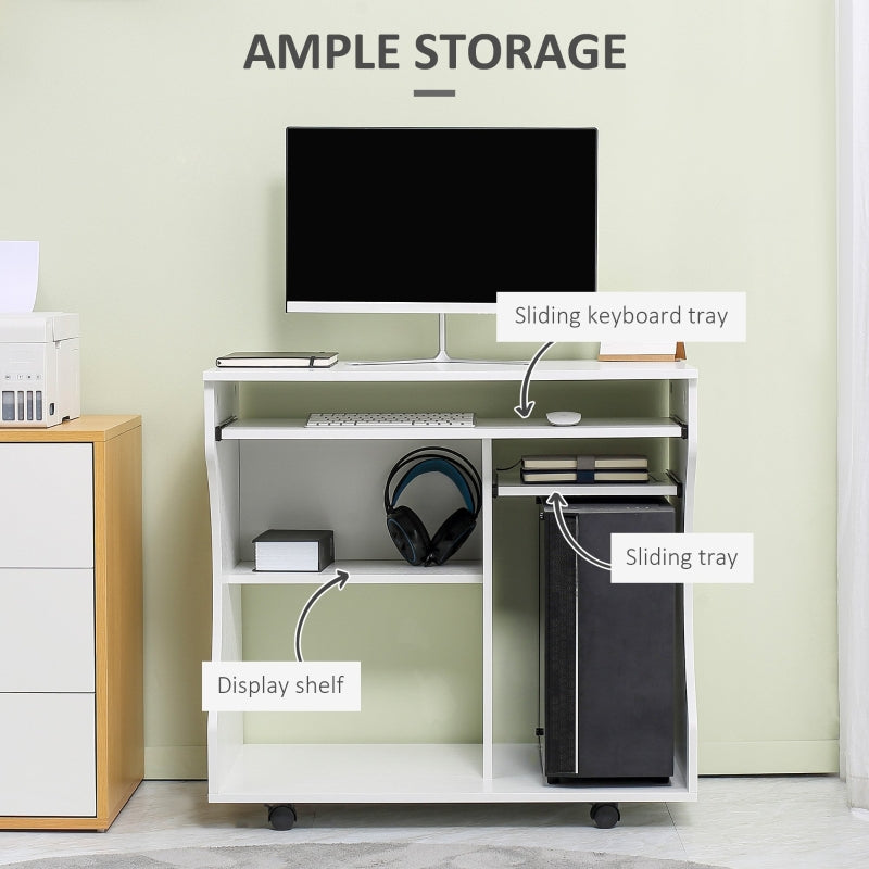 Multi-Storage Compact Work Desk with Wheels, White