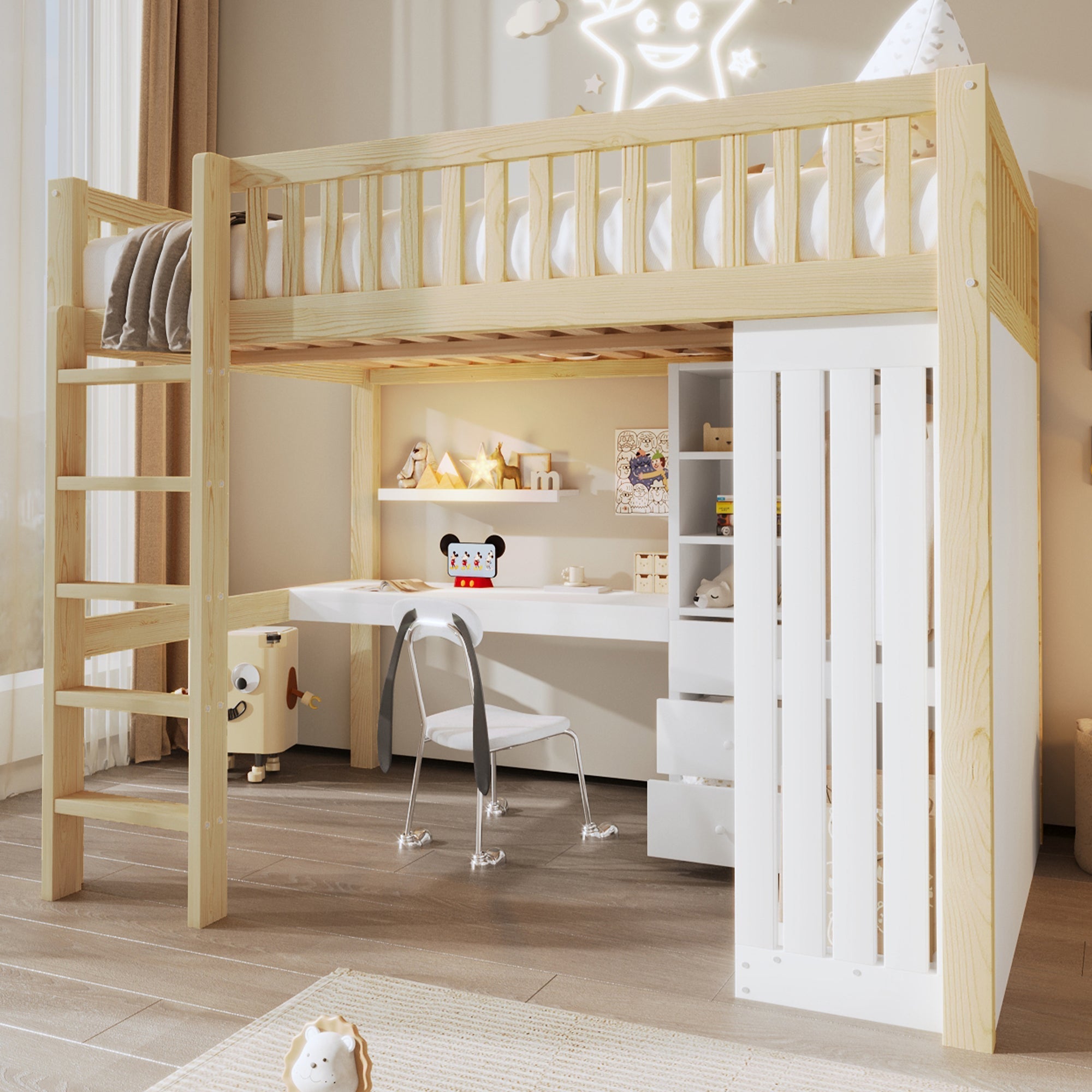 Loft Bed with Desk, Wardrobe and 3 Drawers, Natural