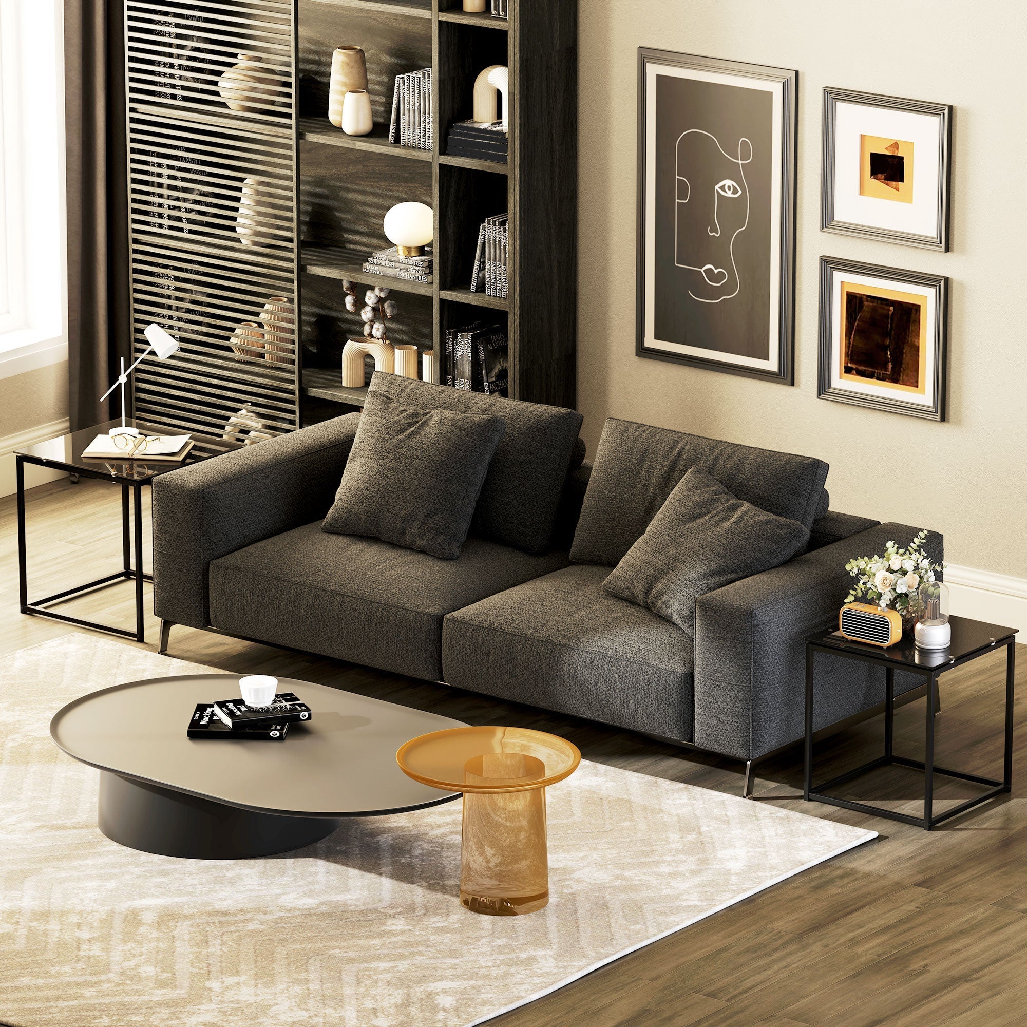 Side Table Set of 2, Coffee Table with Glass Top, Square, Black Steel