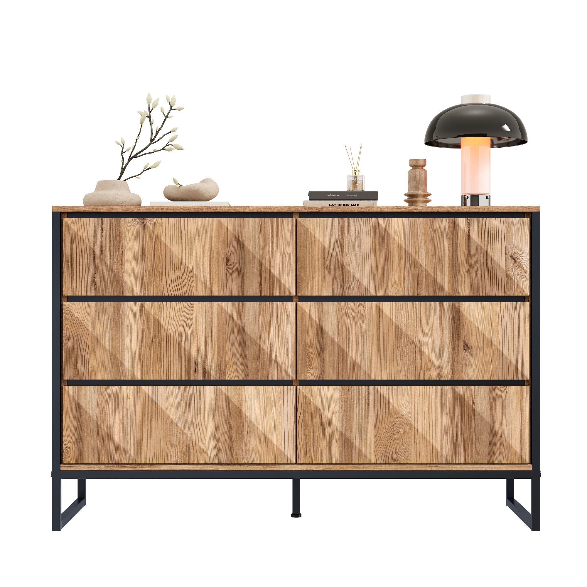 Sideboard & Chest of Drawers, Metal Legs, Raised Doors, Black and Natural Wood