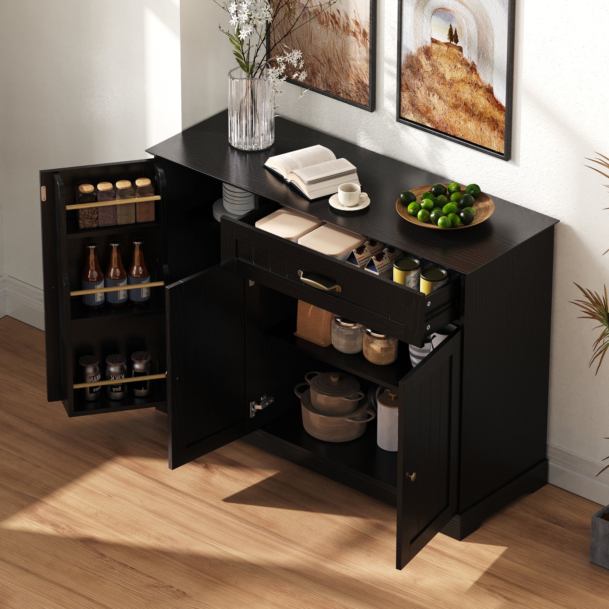 Sideboard Modern Elegant 3 Doors 1 Drawer - Black