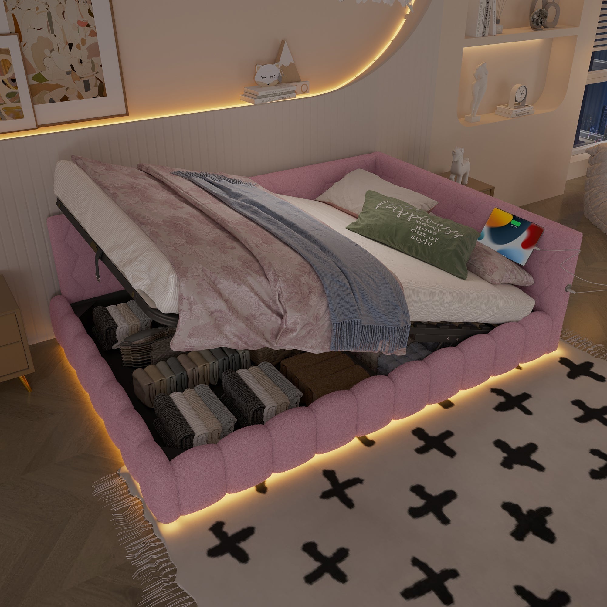 Daybed Sofa Bed 140x200cm Hydraulic Storage LED USB/Type-C - Imitation Fleece Pink