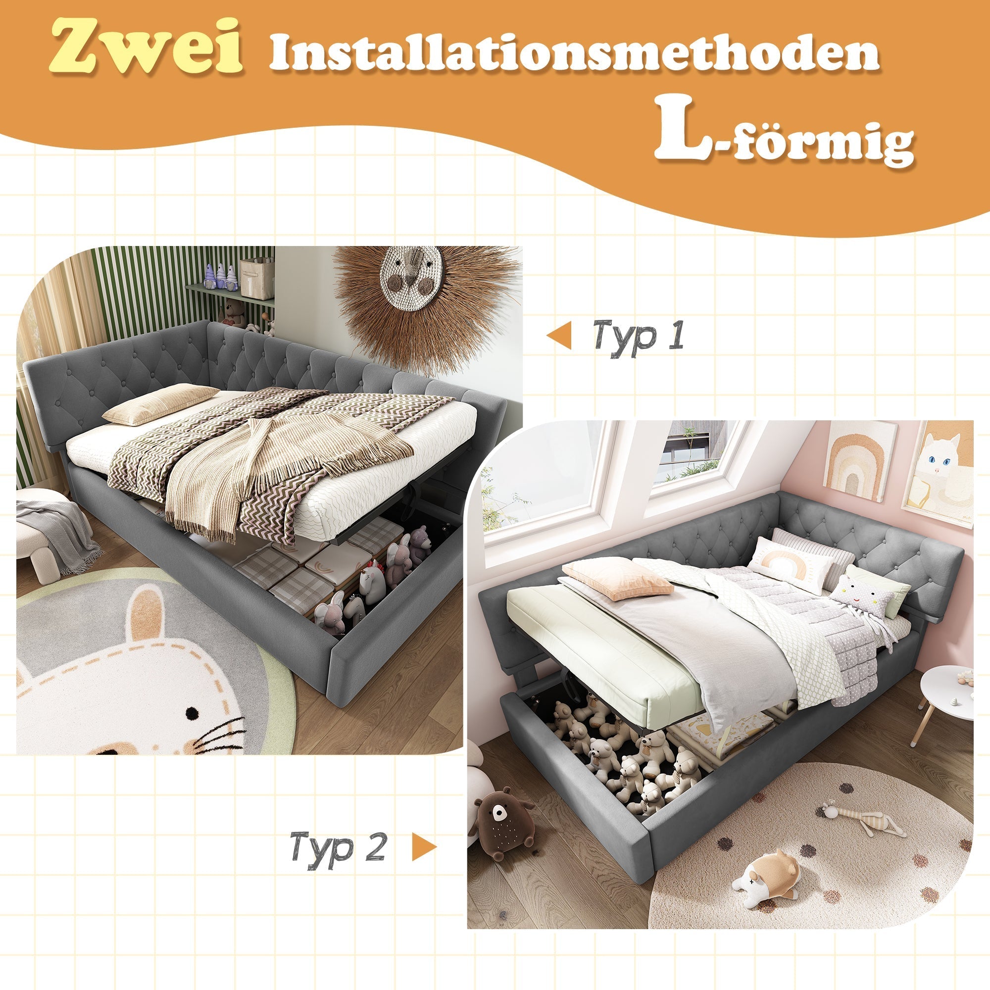 Upholstered Day Bed, 90x200cm Sofa Bed with Hydraulic Storage, Velvet Gray