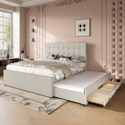 Upholstered Bed 140x200cm Extendable 3 Drawers Adjustable Headboard - Beige