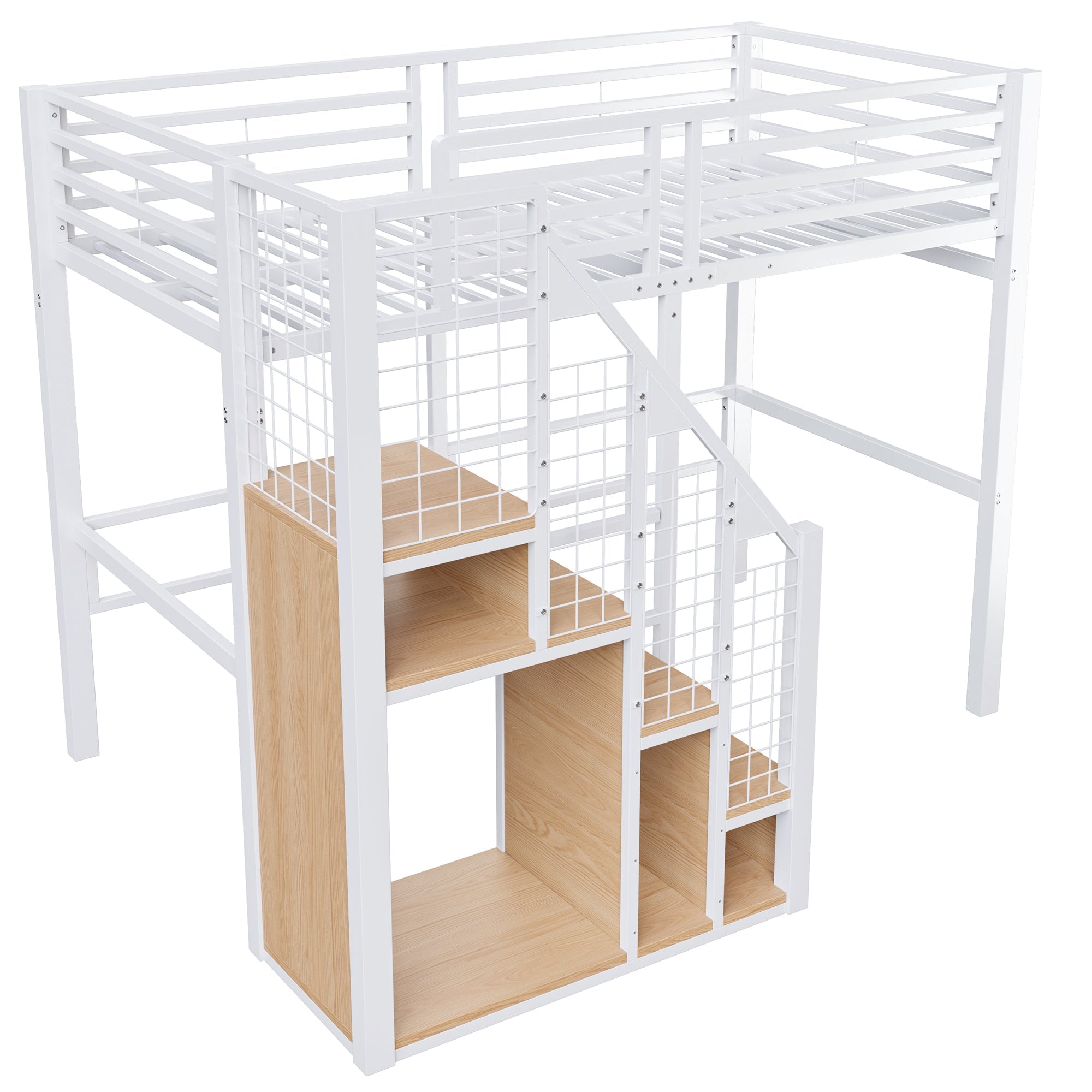 Loft Bed with Safety Ladder and Storage Area, 90x200cm, White Iron Frame