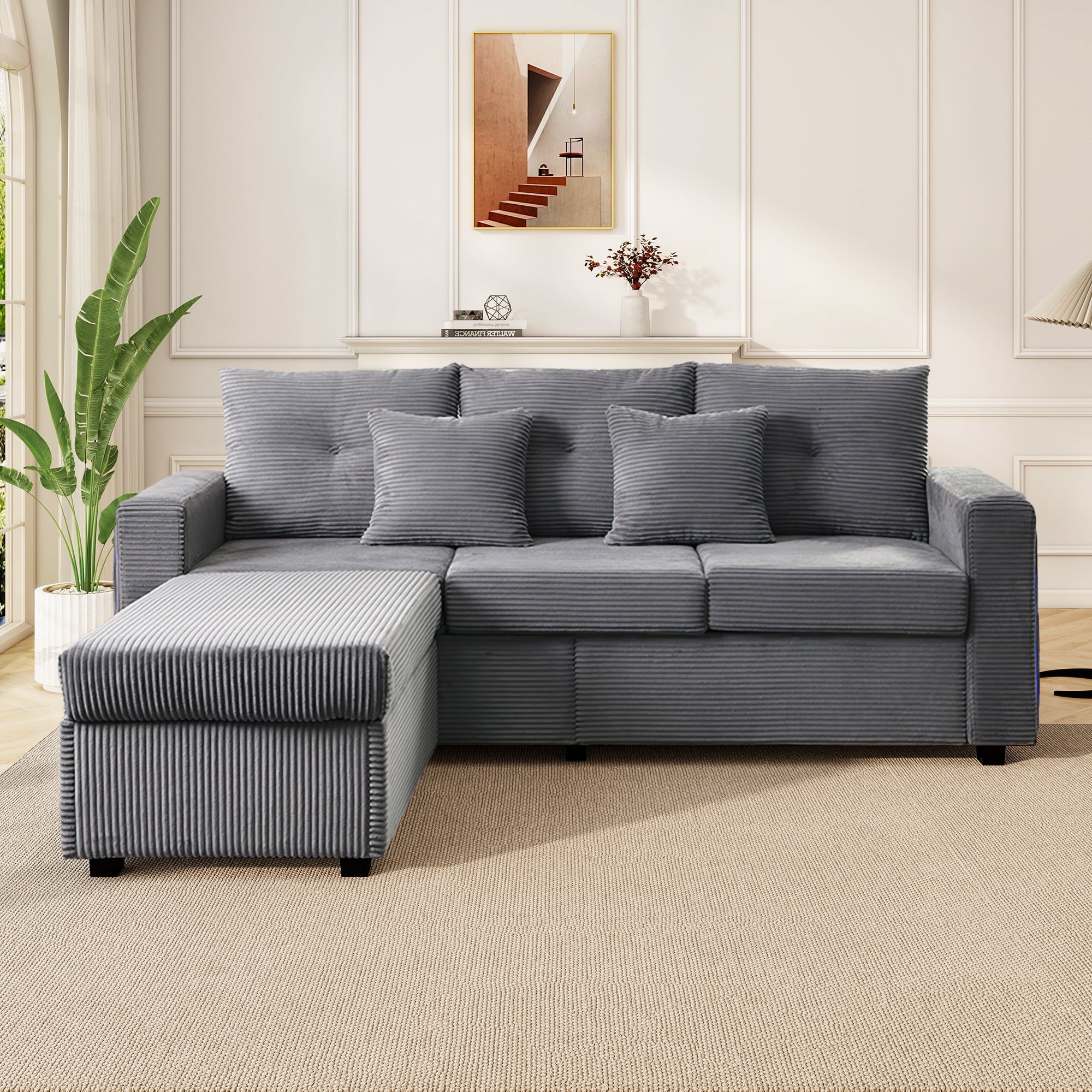 Sofa, 5-Cushion Supreme Set LED 3-Seater with Ottoman, Modular L-Shaped