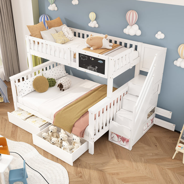 Children's Bunk Bed with Chalkboard and Drawers, 90x200 & 140x200cm, White