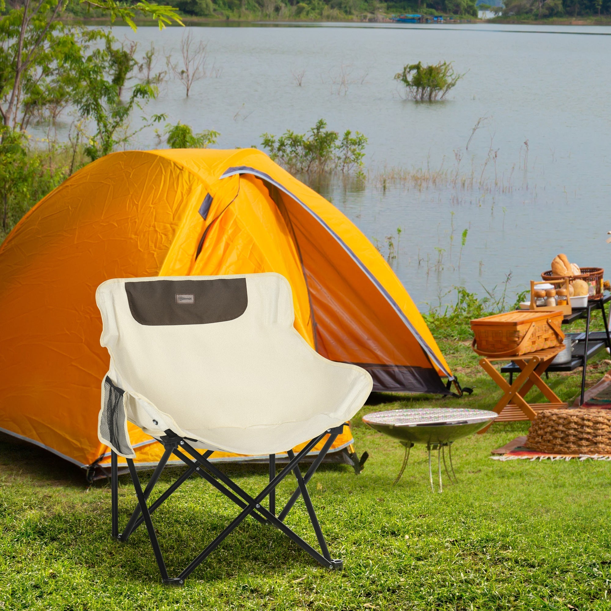 Camping Chair Foldable, Side Pocket Steel Legs, Oxford White