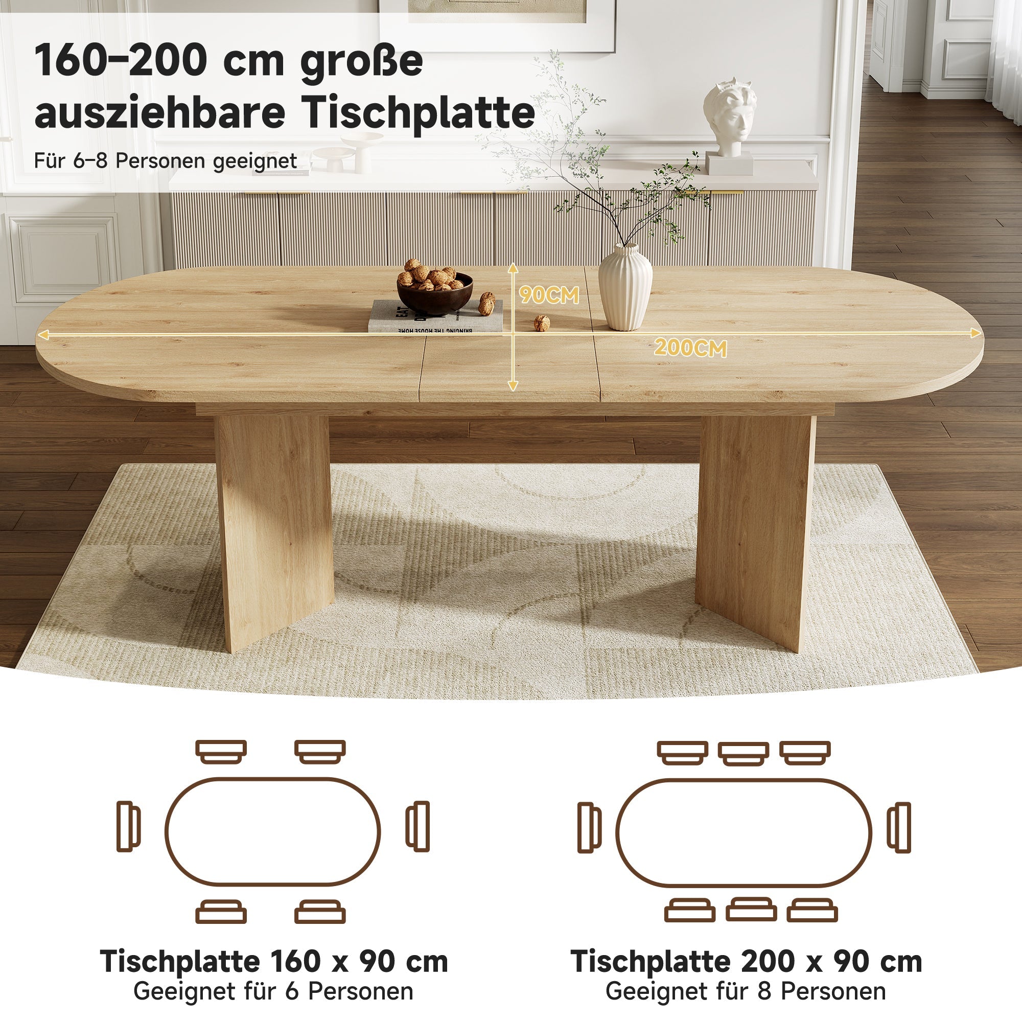 Extendable Dining Table 160/200x90cm 6-8 Seater Rounded Top - Oak Colo ...