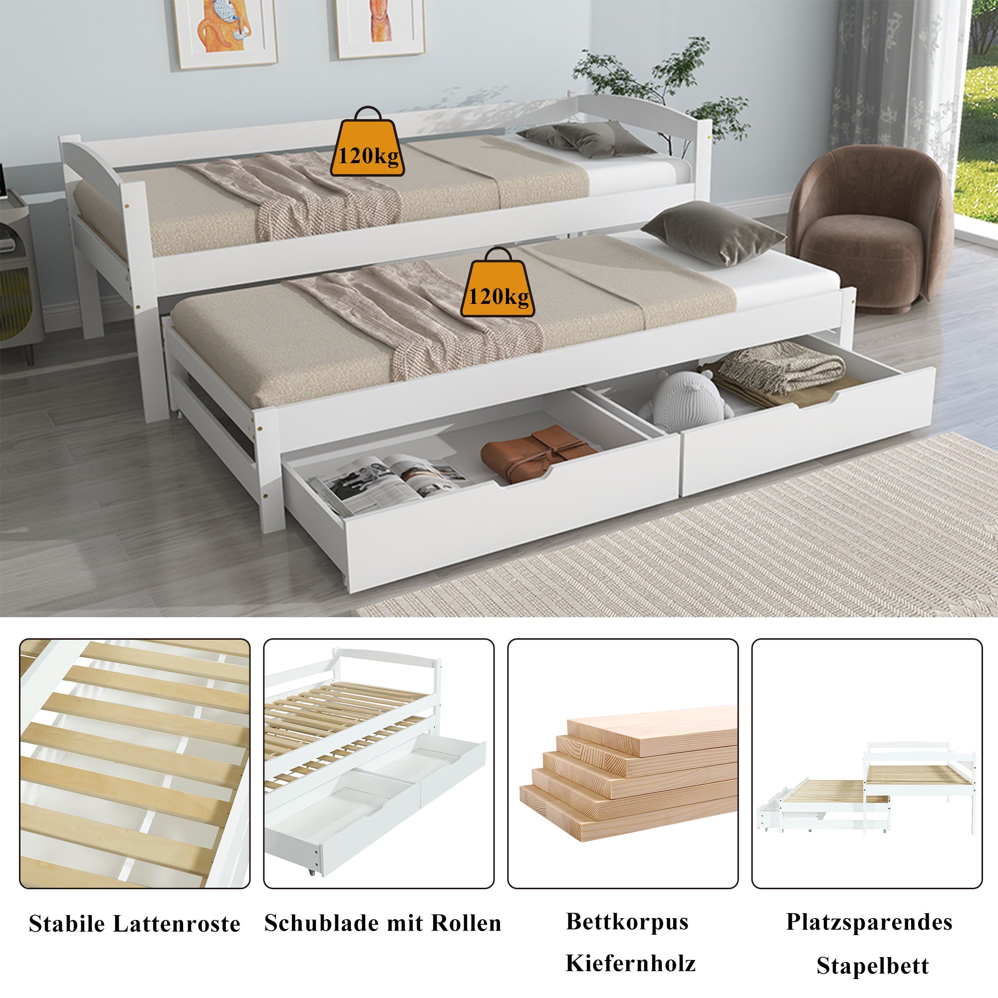 Daybed Single/Double Sliding Bed with 2 MDF Drawers, Solid Wood Frame, White