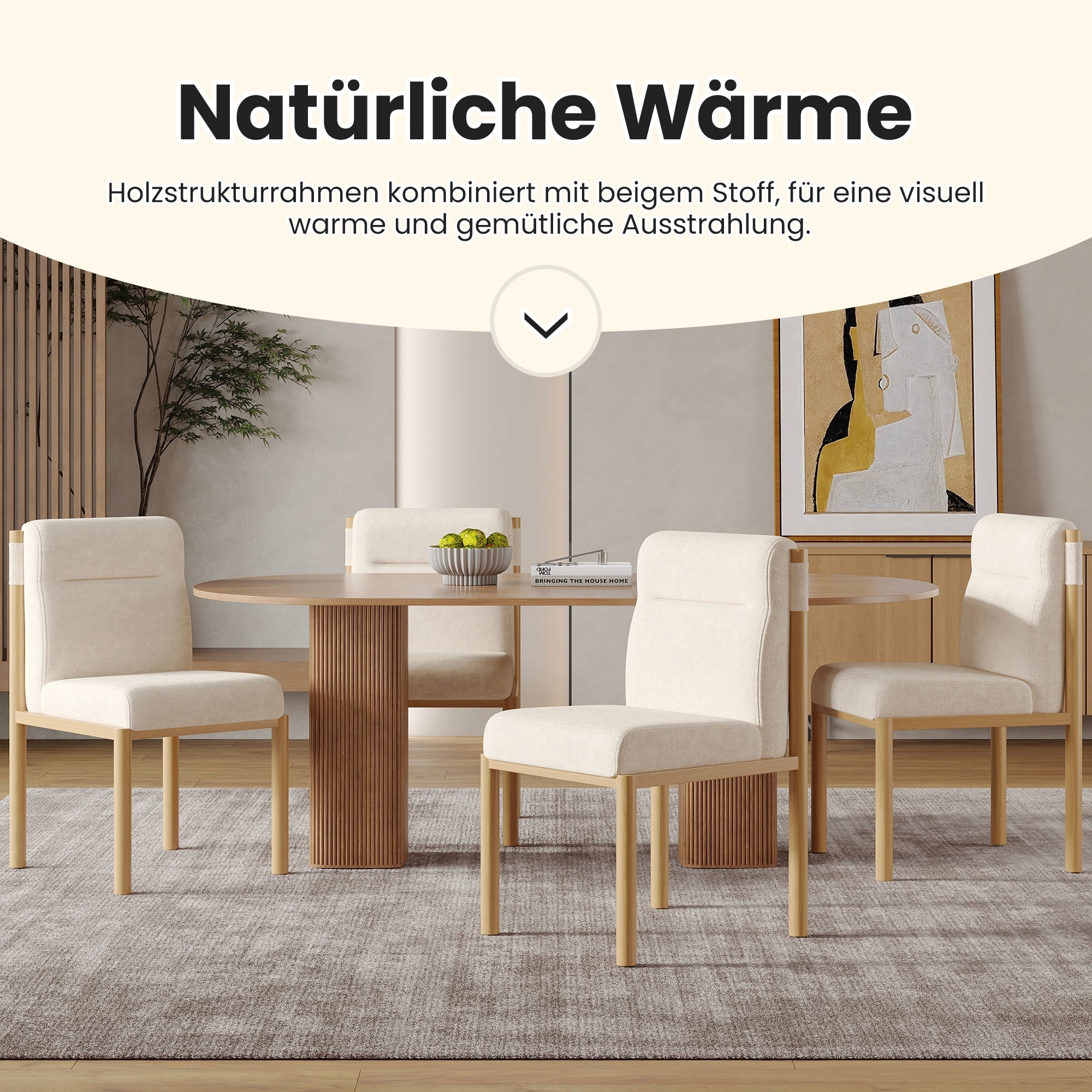 Dining Chairs Set of 6 Modern Oak-Effect Frame Padded Seat - Sherpa Fabric Beige