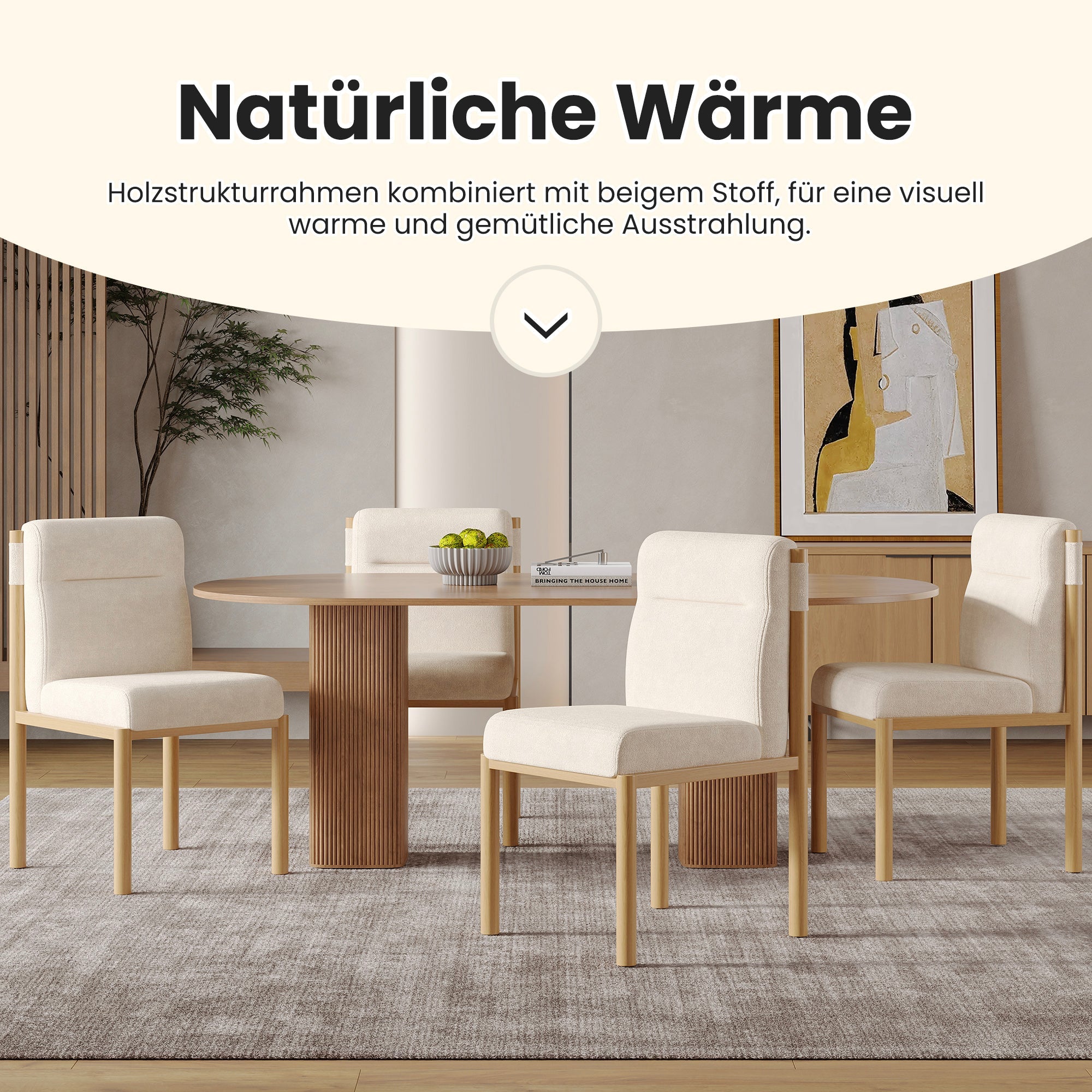 2 Dining Chairs Padded Modern Oak-Effect Frame - Beige Sherpa Fabric